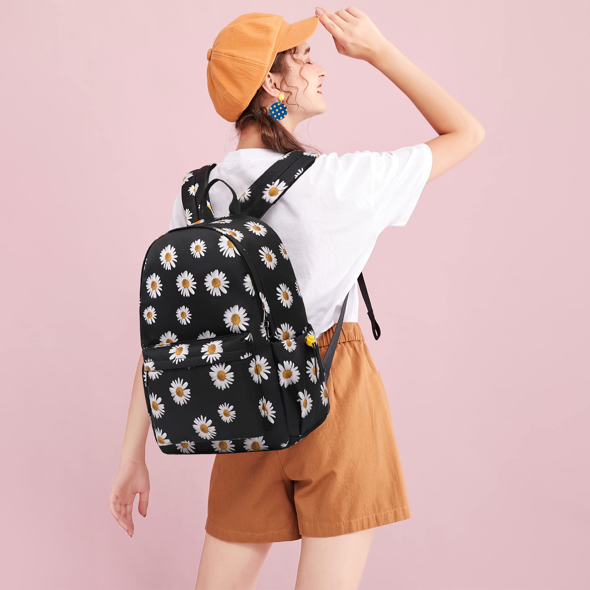 Floral School Backpack for Girls & Women - Cute Flower Print Bookbag with Laptop Compartment, Durable Backpack for Teens & Ladies (Daisy Black) - Perfect for School, College, Work & Travel