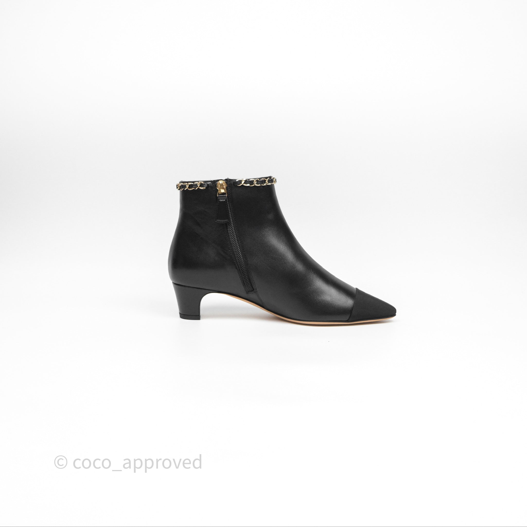 Chanel Black Cap Toe Chain Ankle Boots - Genuine Lambskin Leather Size 36.5 EU (Women's US 6.5) - Luxury Fashion Boots for Evening Parties & Date Nights