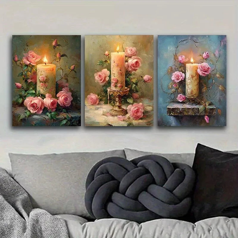 3-Piece Pink Roses & Candle Wall Art Set - Framed Canvas 40x60cm - High Quality Print - 100% Australian Made - Ready to Hang - Perfect for Living Room, Bedroom & Home Decor