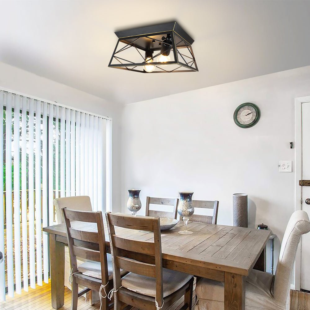 Farmhouse Flush Mount Ceiling Light Fixture - 2-Light Metal Square Semi-Flush Mount Lamp with E26 Base for Bedroom, Kitchen, Hallway, Porch & Living Room - Rustic Industrial Lighting for Home Decor