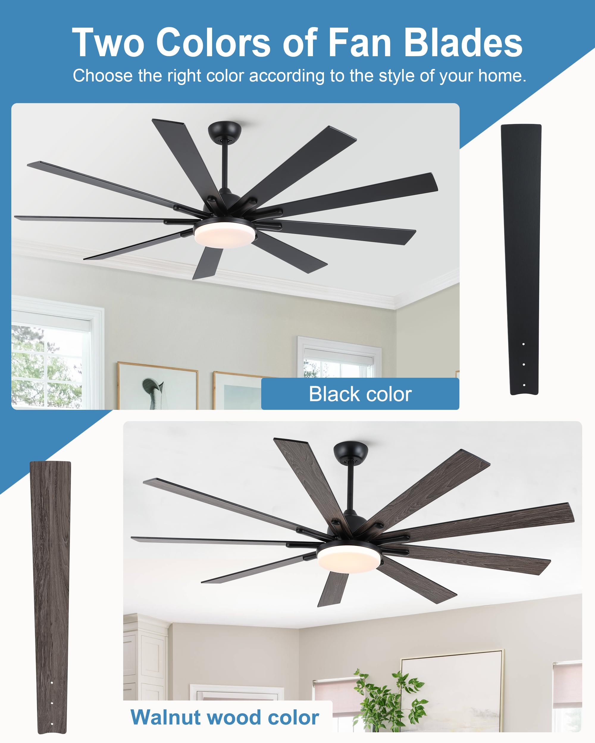 72 Inch Large Ceiling Fan with Lights and Remote Control - 9 Wooden Blades, Black - Quiet 3 CCT Dimmable LED, 6 Speed Adjustable - Perfect for Living Room, Bedroom, Patio, and Outdoor Spaces