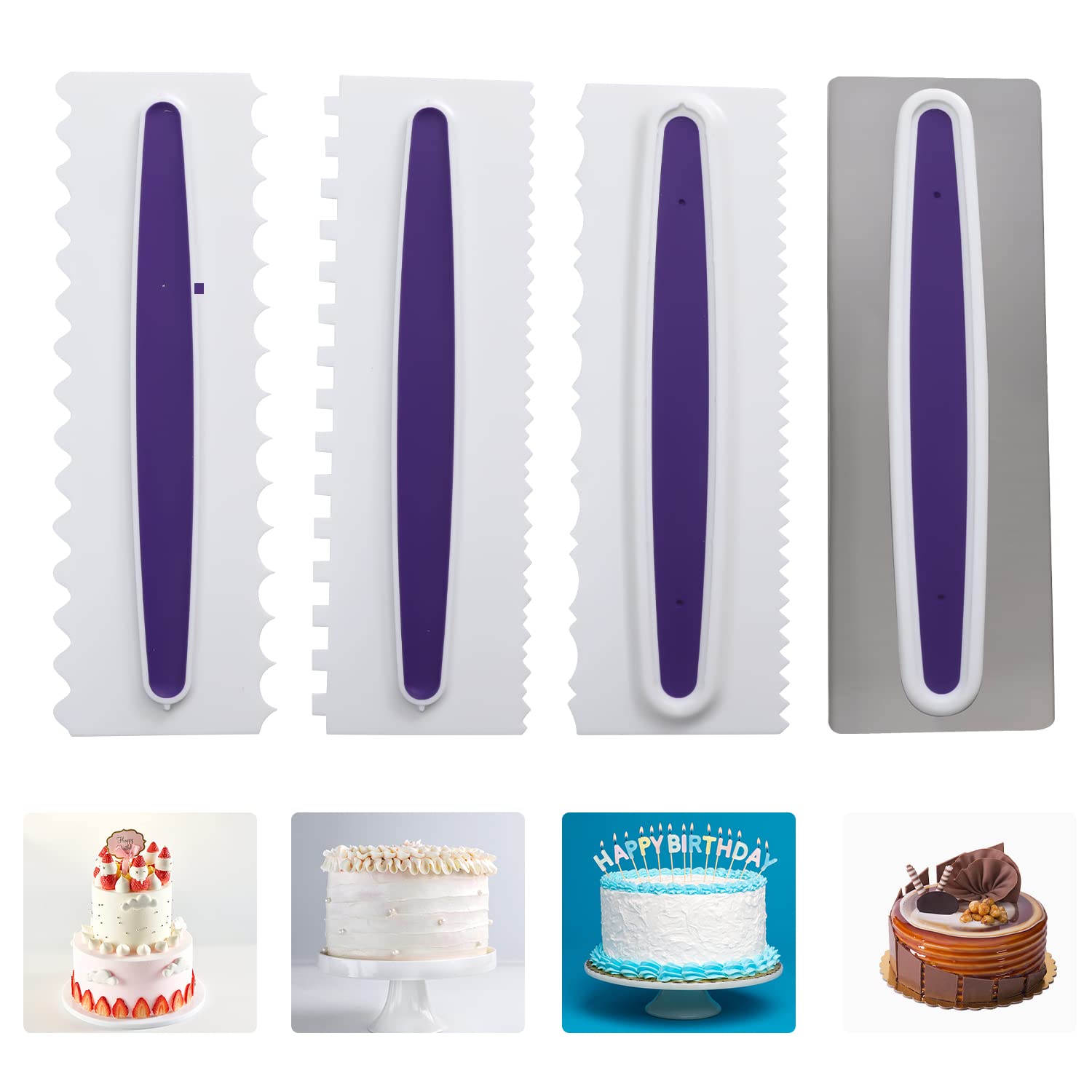 Kyerbaino 4-Piece Cake Decorating Set - Stainless Steel & Plastic Scrapers, Icing Smoother, Cake Comb for Buttercream, Mousse & Fondant | Perfect for Professional Bakers & Home Cake Decorating DIY