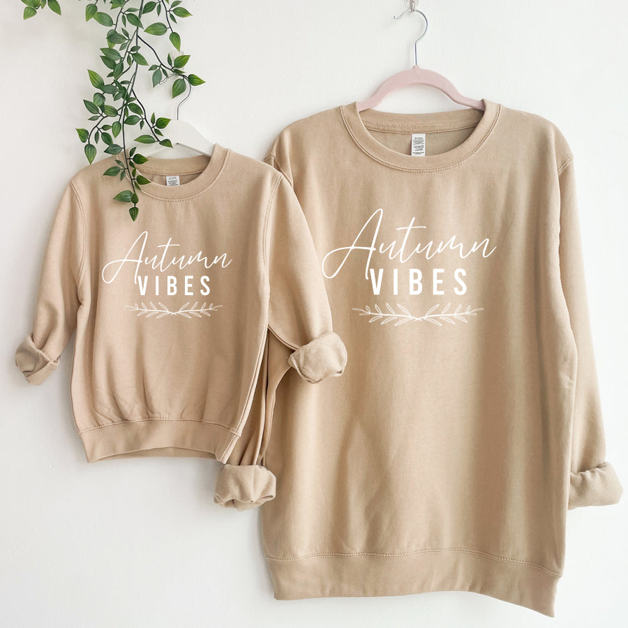 Autumn Vibes Mom and Daughter Matching Desert Sand Sweatshirts | Cozy Fall Outfits for Family Photos & Pumpkin Patch Visits