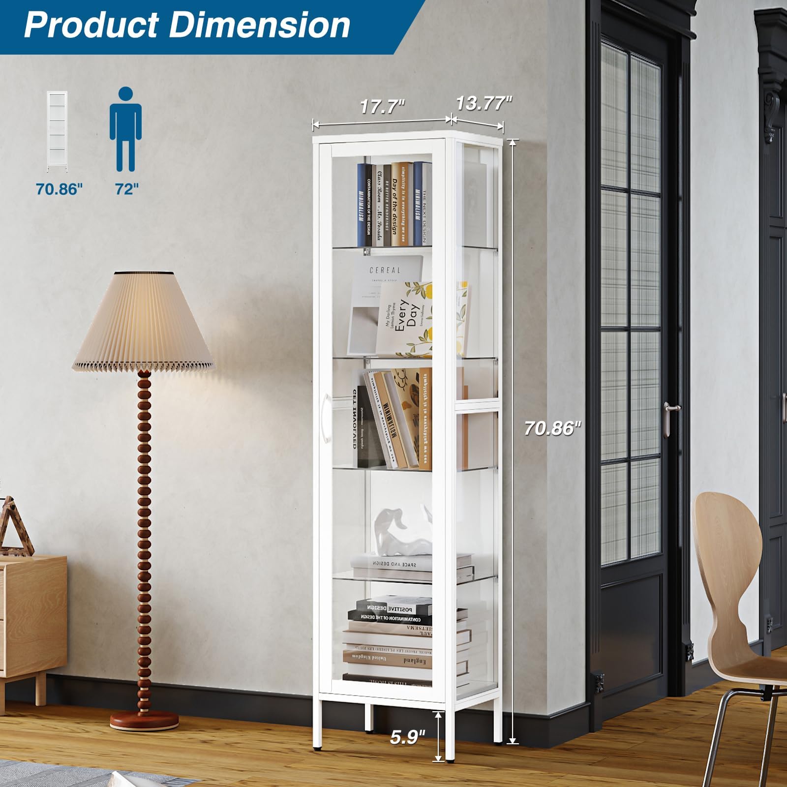 Glass Door Display Cabinet with 4 Adjustable Shelves - White Curio Cabinet for Home, Office, Clinic or Pantry Storage - Easy Assembly Required - Perfect for Showcasing Collectibles, China, or Retail Merchandise