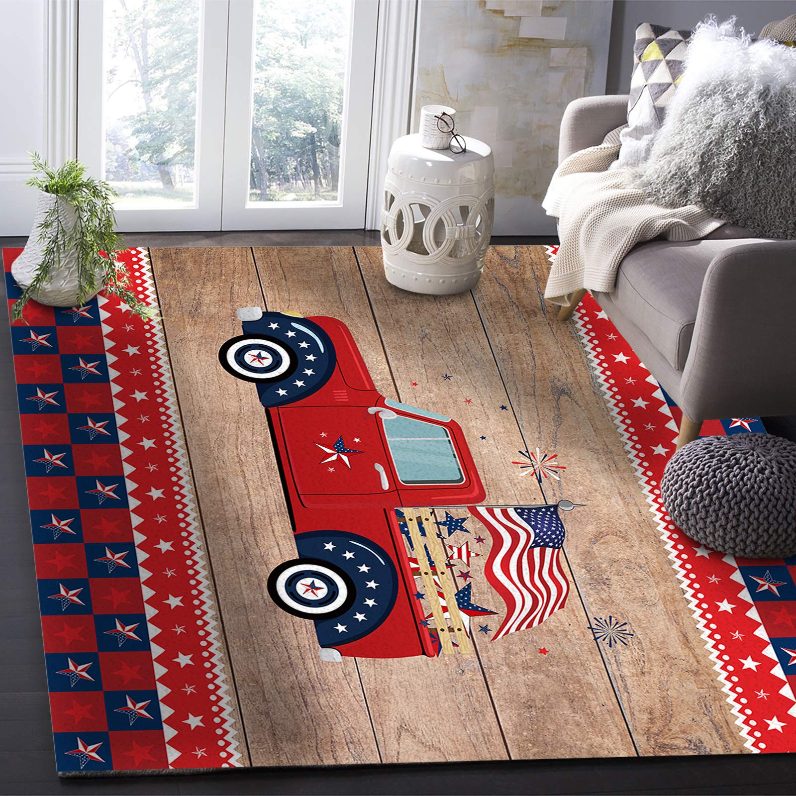 5'x7' Farm Truck Independence National Flag Area Runner Rug - Washable Buffalo Check Carpet for Indoor & Outdoor Use - Perfect for Kitchen, Living Room, Bathroom, Bedroom, Classroom, Laundry Room and Entryway Doormat