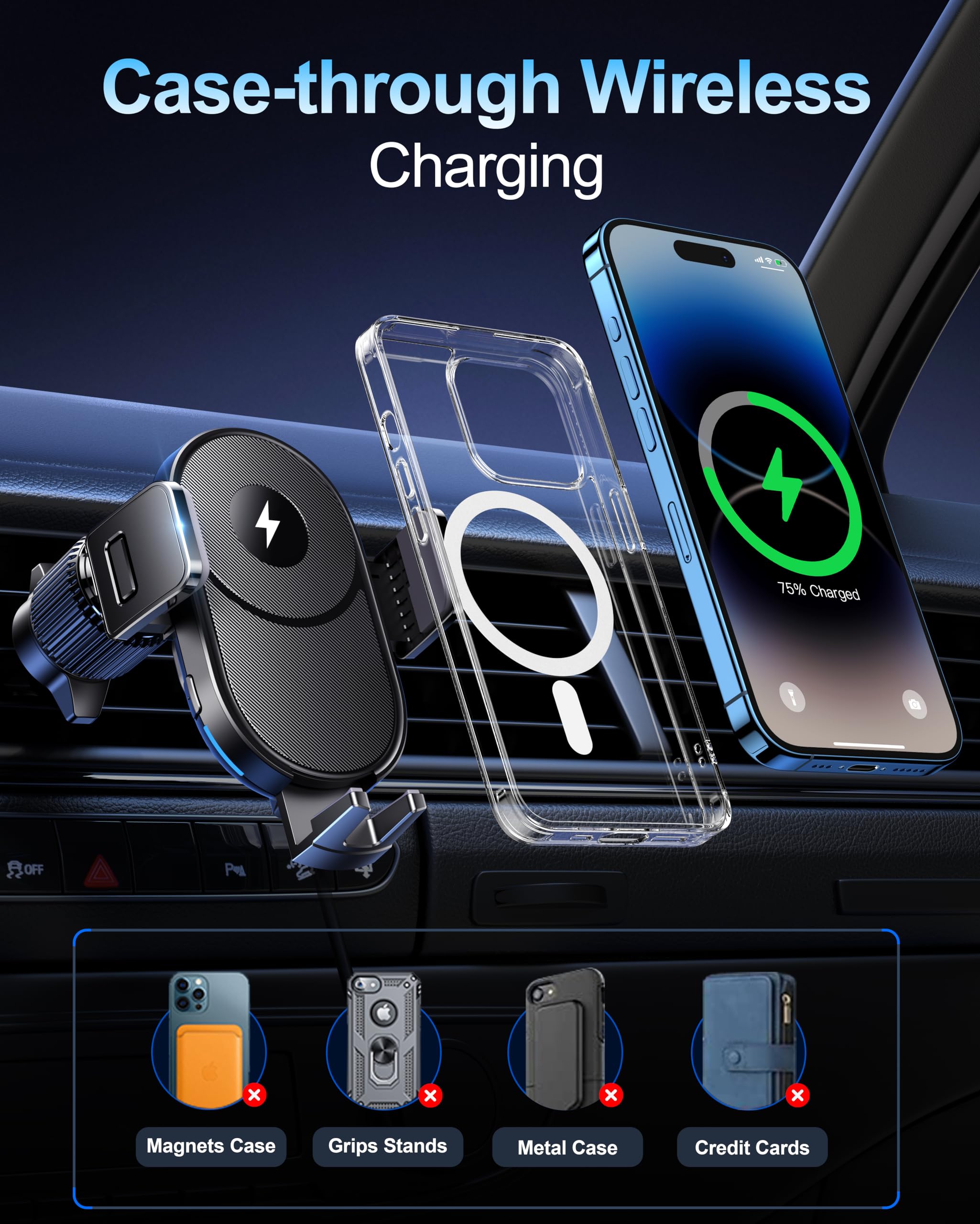 15W Fast Wireless Car Charger & Phone Holder - Auto Clamping Air Vent Mount for iPhone 15/14/13/12/11/X, Samsung Galaxy S23/S22/S21 - Perfect for Commuting & Road Trips