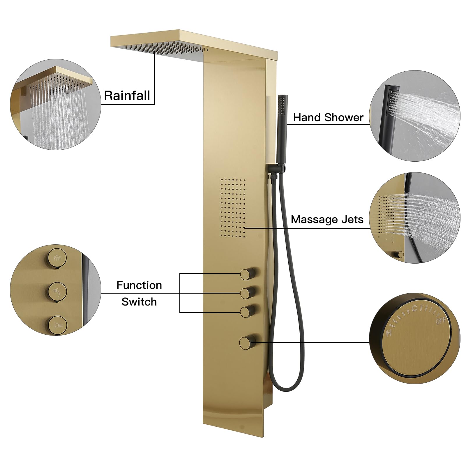 BWE 3-in-1 Stainless Steel Shower Panel Tower System with Rainfall Shower Head, Handheld Shower & Body Jets - Brushed Gold Finish | Perfect for Luxury Bathrooms, Spa-Like Experience & Modern Home Upgrades