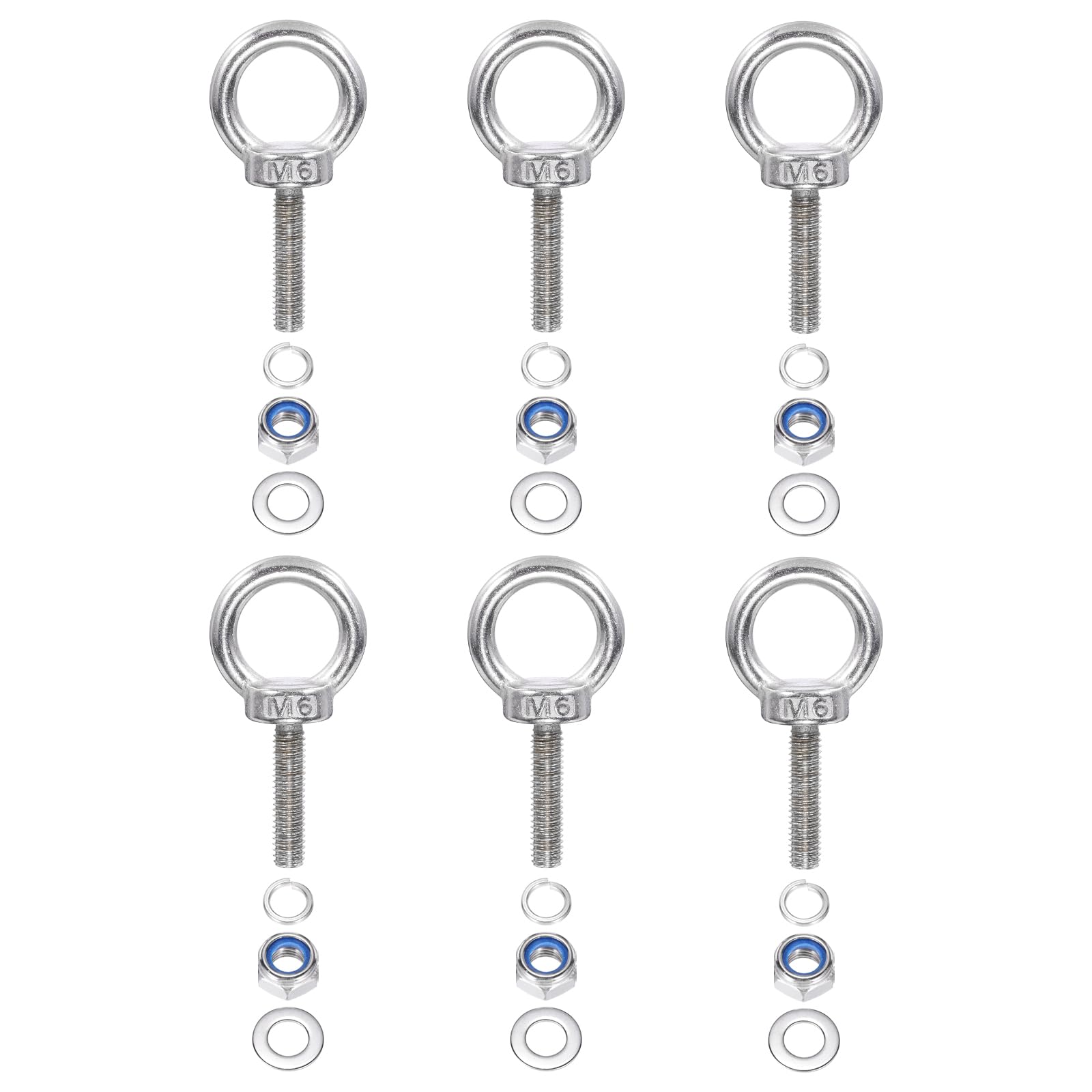 PATIKIL 6Pcs M6 x 25mm 304 Stainless Steel Lifting Shoulder Eye Bolt with Nuts & Washers - Heavy Duty Threaded Eyebolt for Hanging Hammocks, Outdoor Gear, Marine & Industrial Applications