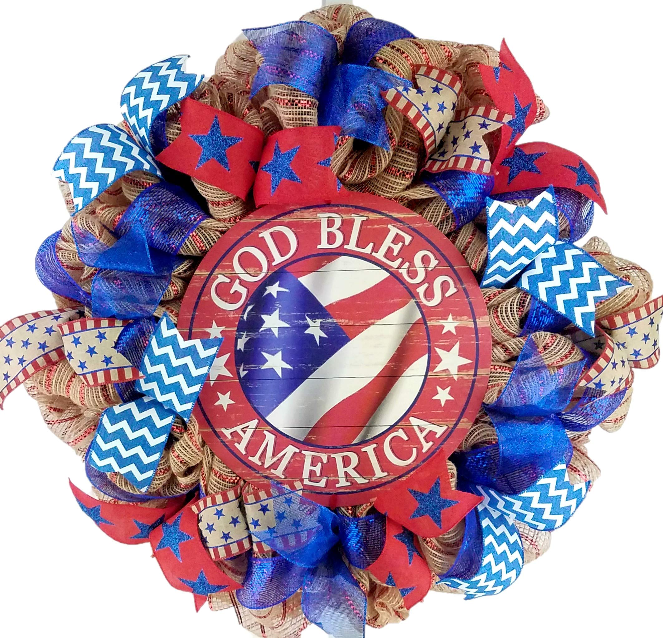 God Bless America Patriotic Wreath - Red White Blue Burlap Wreath for Front Door - Perfect for 4th of July Decorations, Memorial Day, Veterans Day & American Holidays