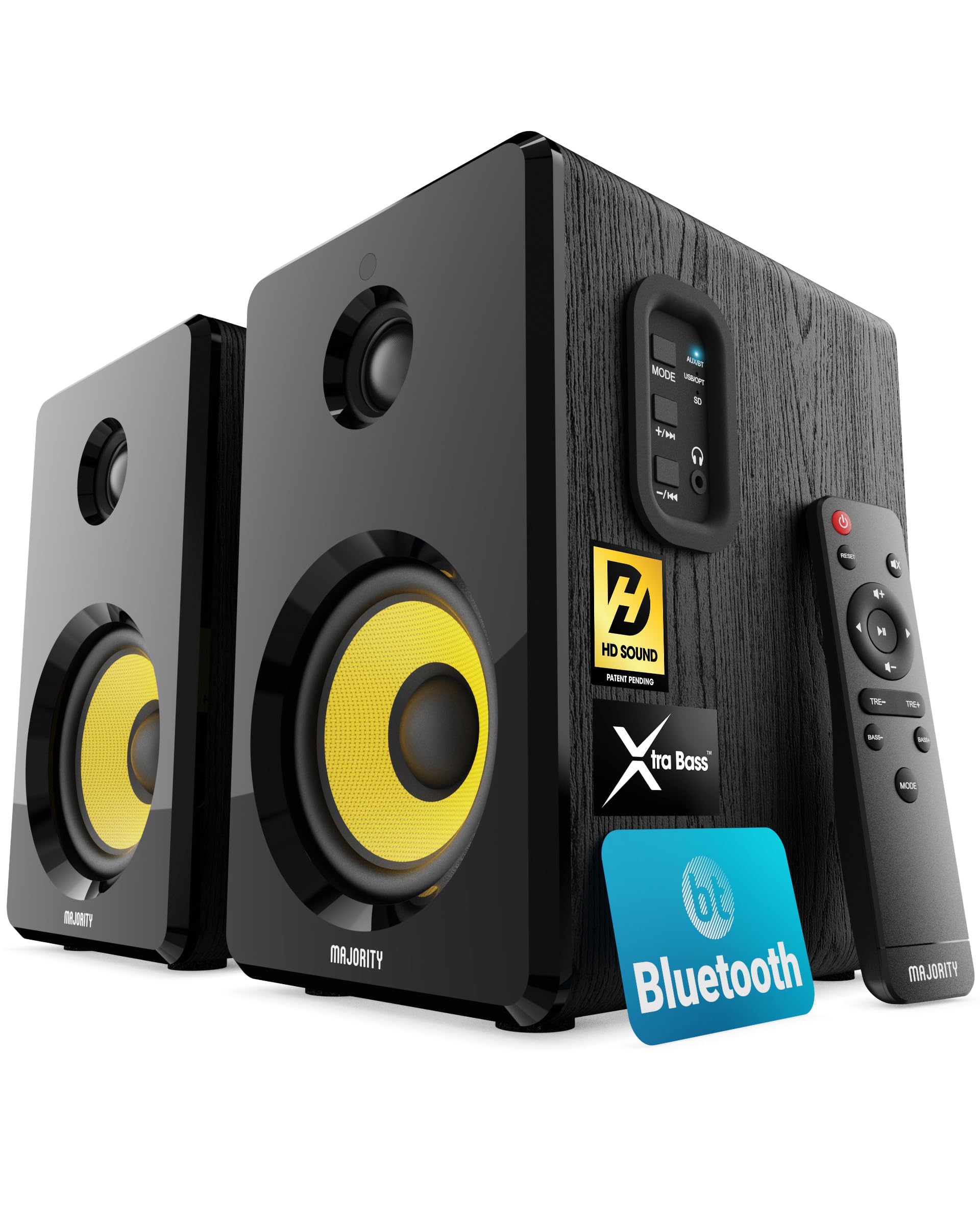 Majority D40X Powered Bluetooth Bookshelf Speakers - 2.0 Studio Monitor Speaker Set with RCA, Optical, USB & AUX Inputs for Home, PC & Turntables - Perfect for Music Listening, Gaming & Home Theater Systems