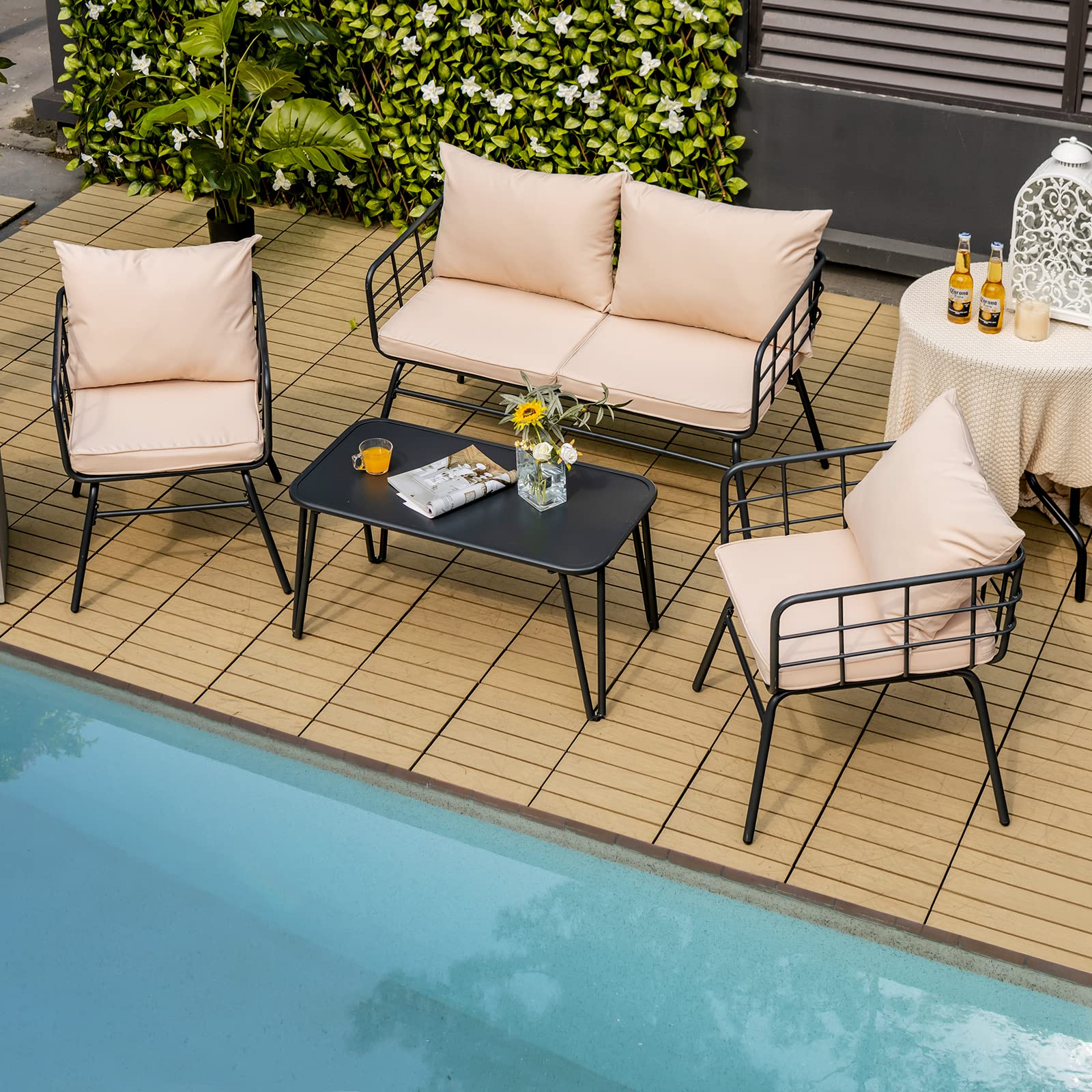Giantex 4-Piece Outdoor Patio Furniture Set - Steel Frame Loveseat Bench, Coffee Table & 2 Bistro Chairs with Cushions for Garden, Yard, Balcony, Poolside (Beige & Black) | Perfect for Relaxing, Entertaining & Outdoor Dining