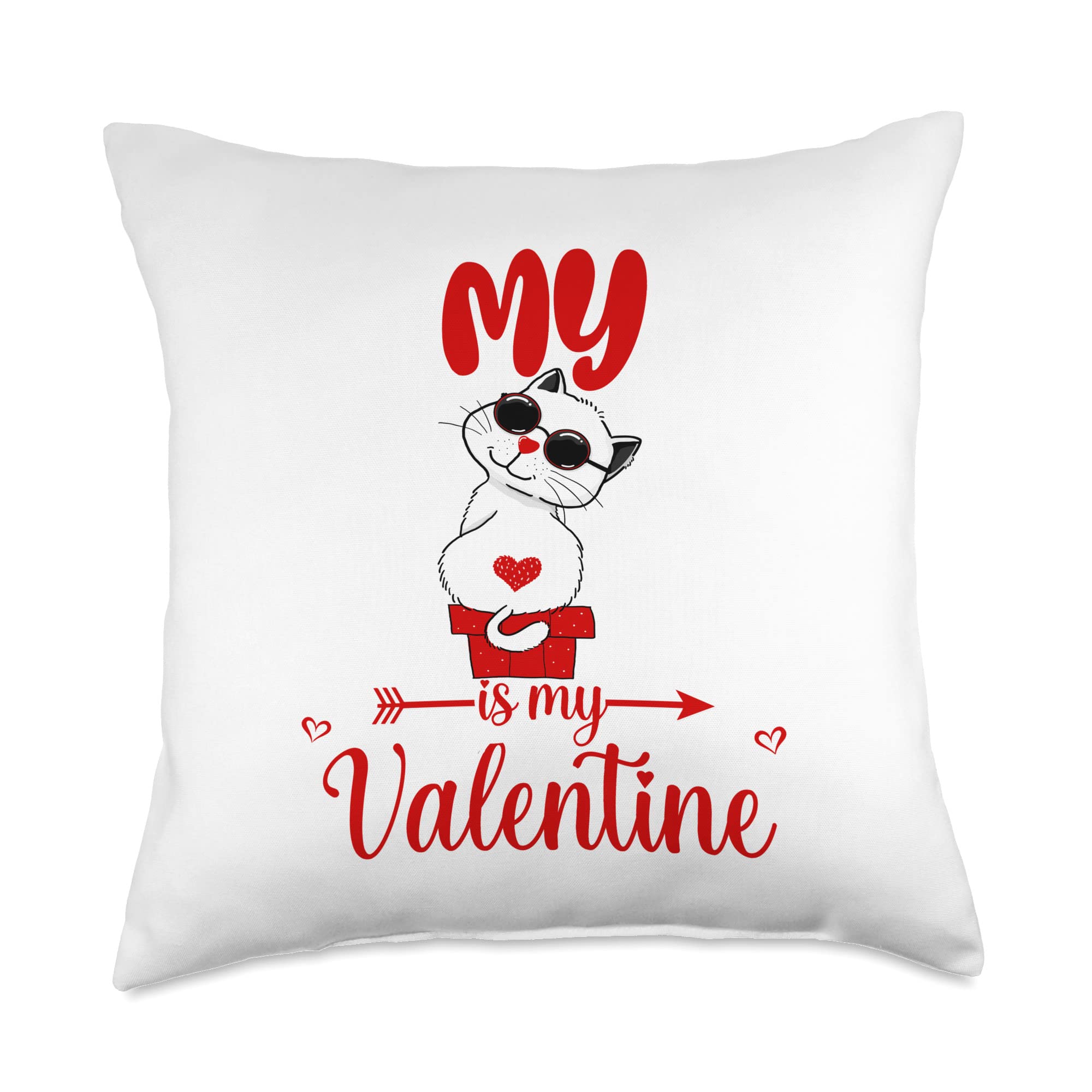 Valentine's Day Gifts for Cat Lovers - My Cat is My Valentine Throw Pillow 18x18 Inch Multicolor Cute Home Decor for Sofa, Bed & Living Room