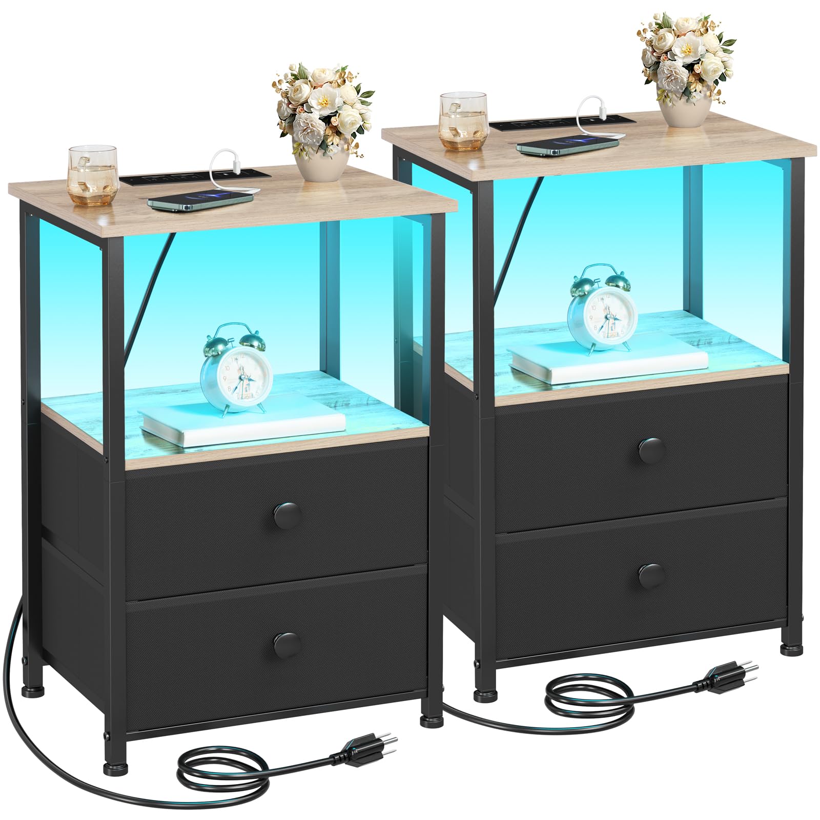 2-Piece LED Nightstand Set with USB Charging Station & Storage Shelf - Modern Bedside Table with 2 Fabric Drawers for Small Spaces - Greige Finish (HETS02GY) | Perfect for Bedrooms, Apartments & Dorm Rooms