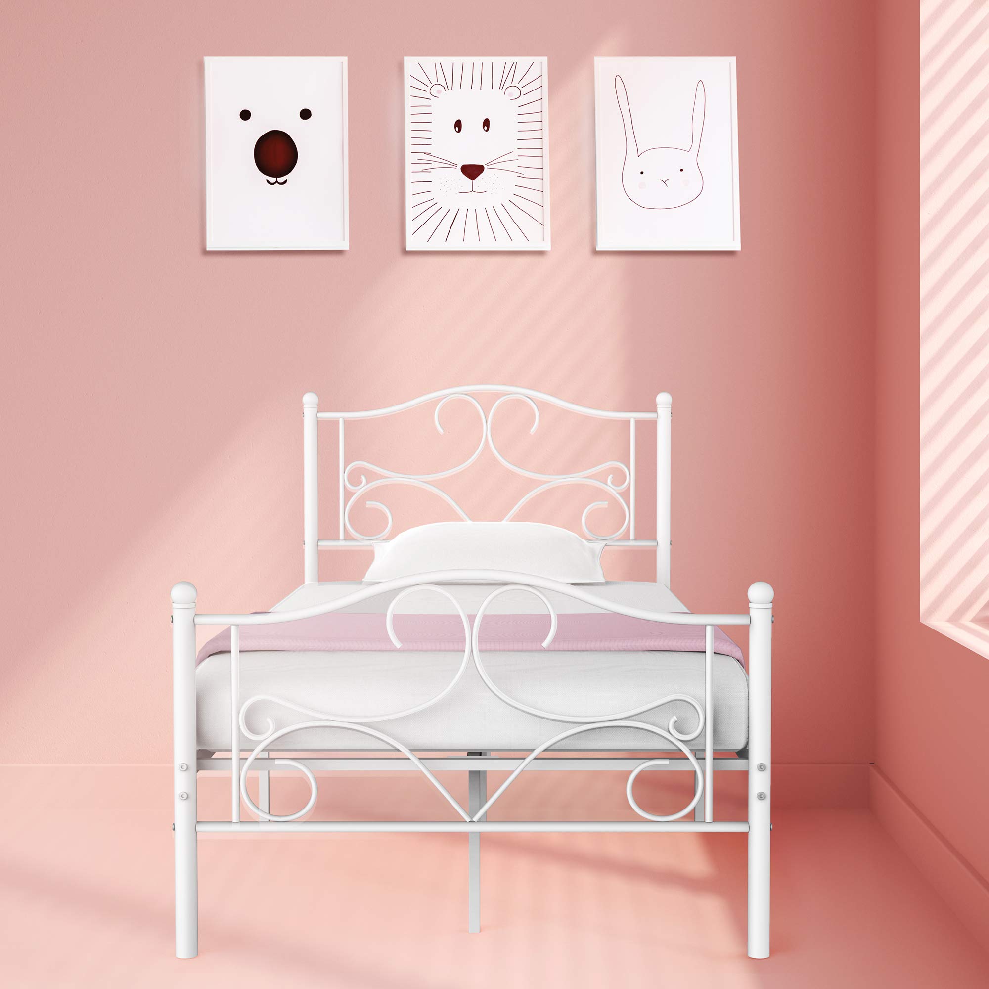 Curved Twin Size Metal Bed Frame with Storage - No Box Spring Needed, White Platform Bed with Headboard & Footboard for Kids' Room | Perfect for Small Spaces, Dormitories & Guest Bedrooms