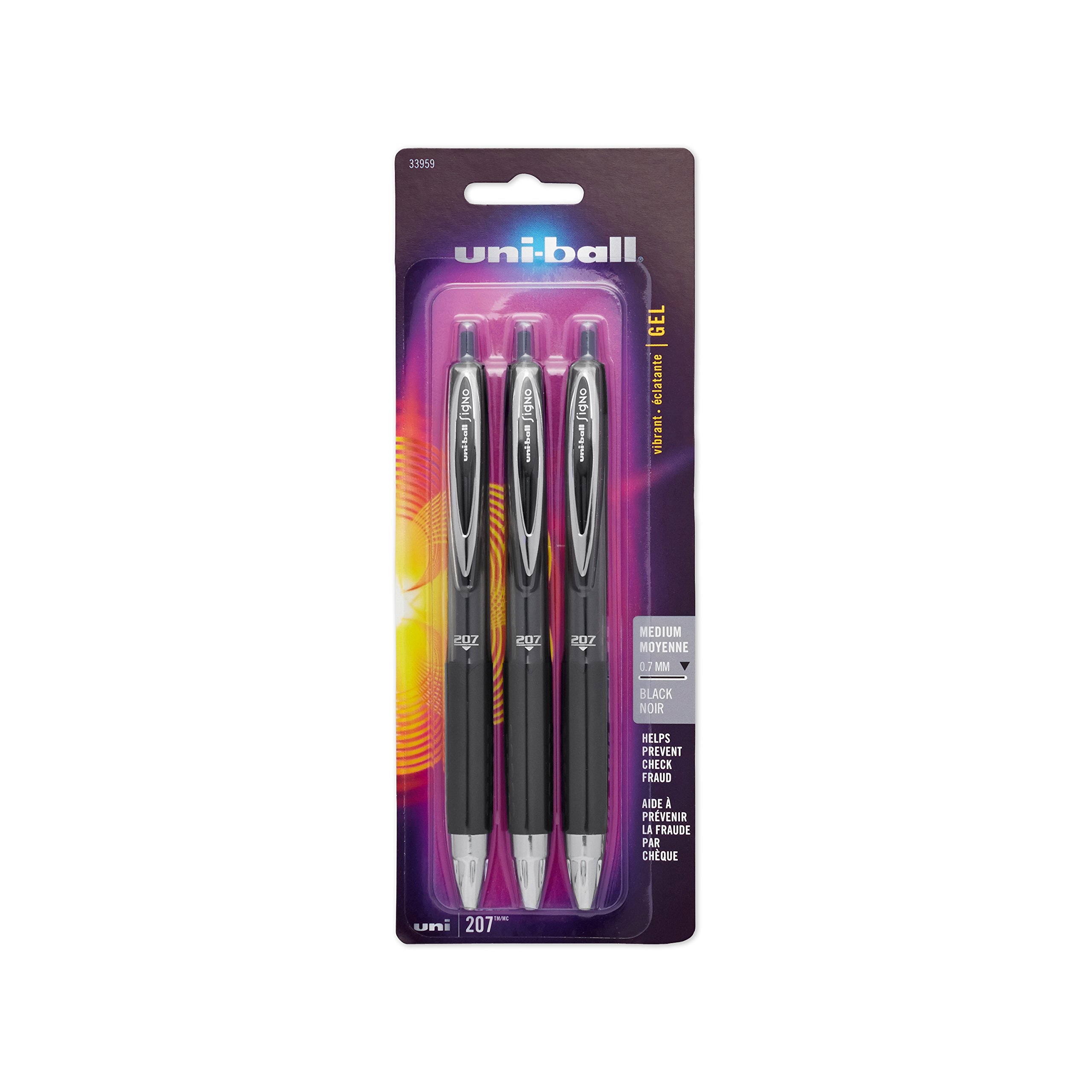 Uni-ball 207 Retractable Gel Pens - Medium Point 0.7mm, Black Ink, 3-Pack | Smooth Writing for Office, School & Note Taking