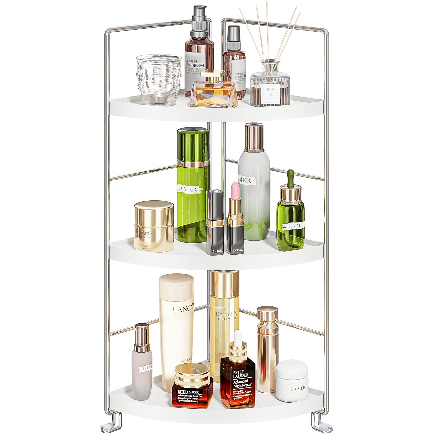 3-Tier Corner Spice Rack - White Kitchen & Bathroom Organizer for Spices, Cosmetics & Makeup - Space-Saving Countertop Shelf for Vanity, Pantry & Small Spaces