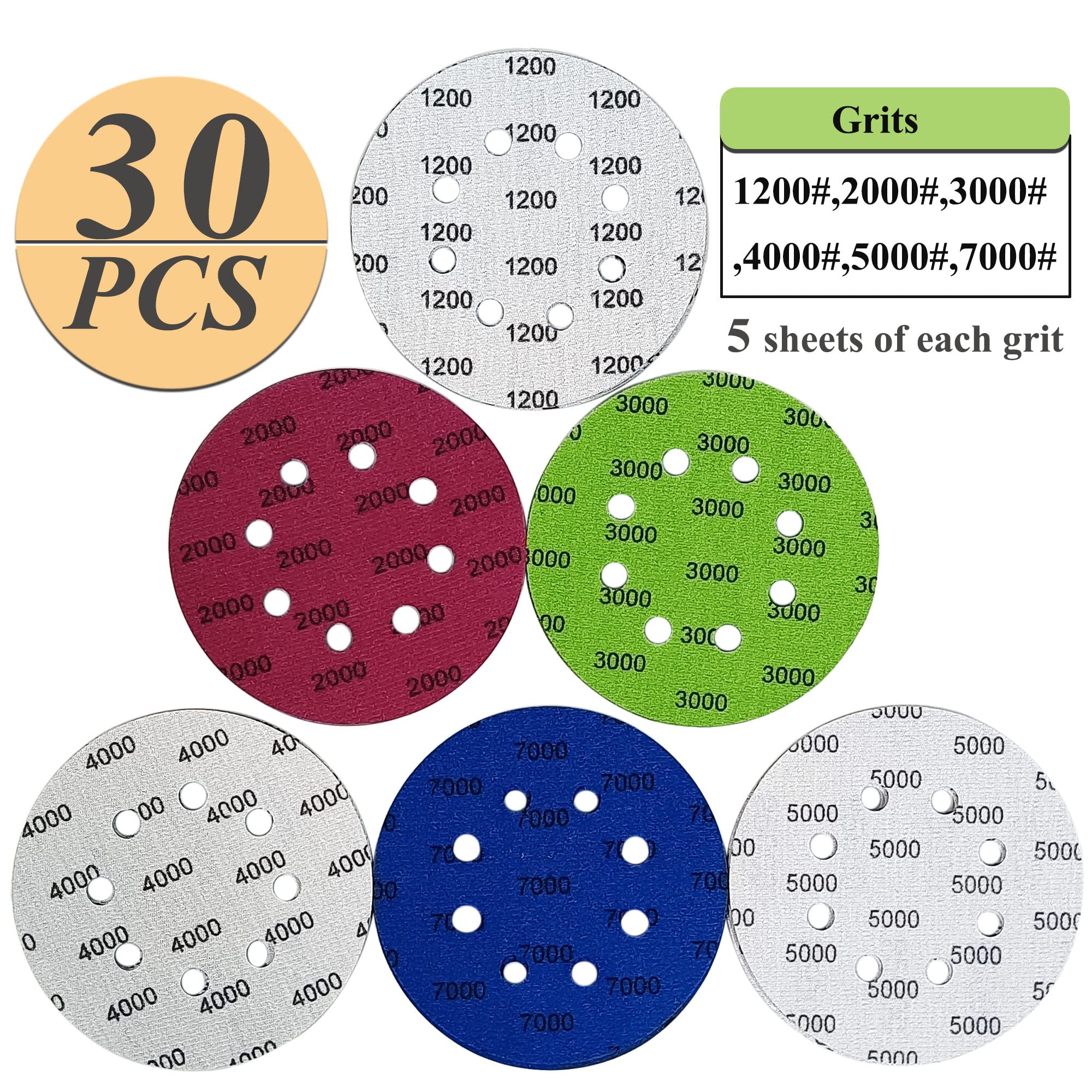 30 PCS 5 Inch 8 Hole Sanding Discs #1200-#7000 Grit (1200/2000/3000/4000/5000/7000) for Random Orbital Sander - Wet/Dry Polishing, Woodworking, Metal Finishing & Automotive Detailing