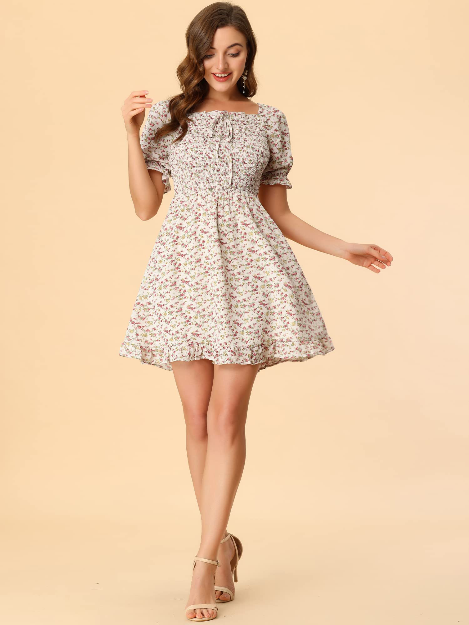 Allegra K Women's Floral Smocked Square Neck Puff Sleeve Ruffled Dress - Perfect for Summer Parties, Weddings & Date Nights