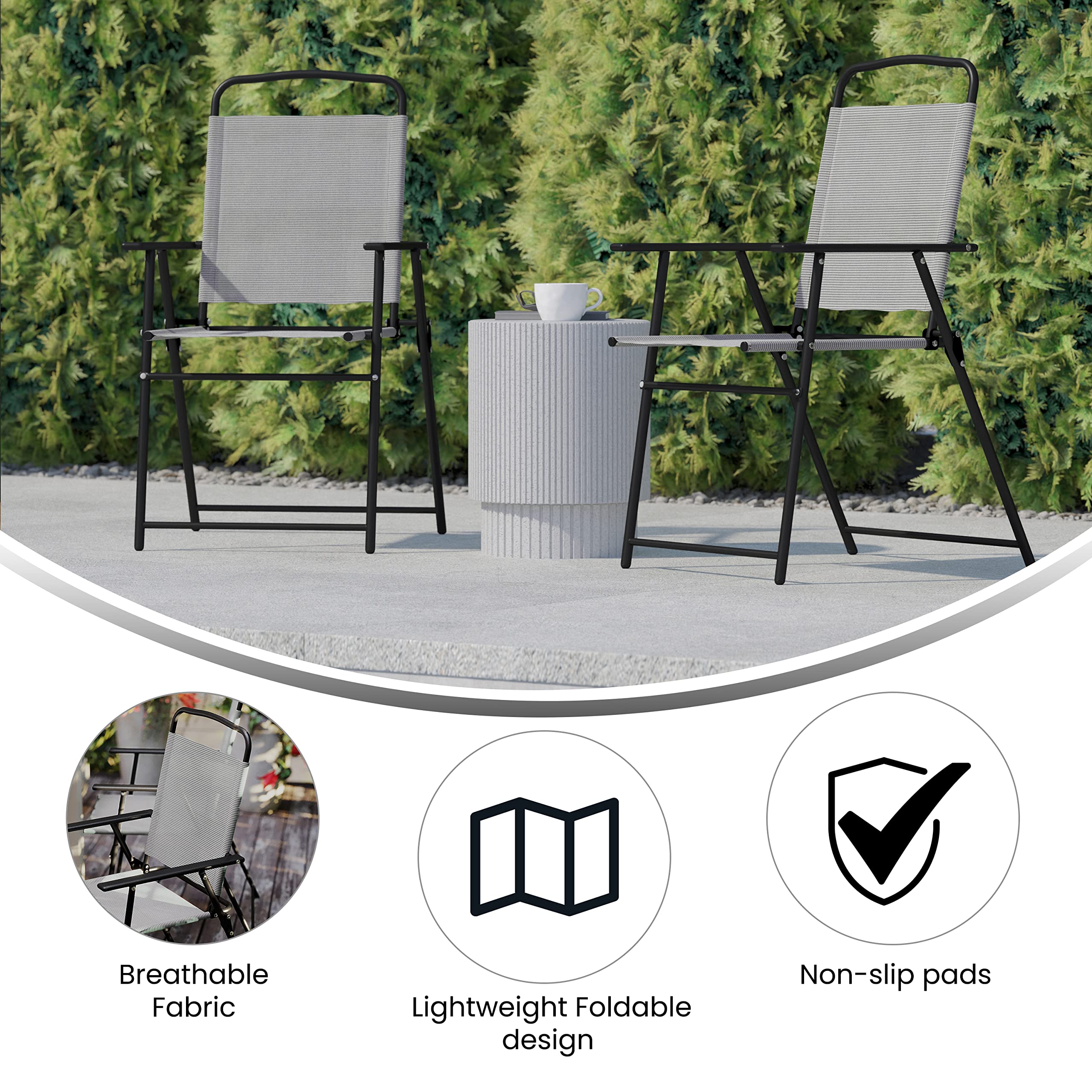 Flash Furniture Mystic Folding Patio Sling Chairs - Set of 4 Gray Textilene Outdoor Lounge Chairs with Armrests | Perfect for Poolside, Backyard, Garden & Patio Relaxation