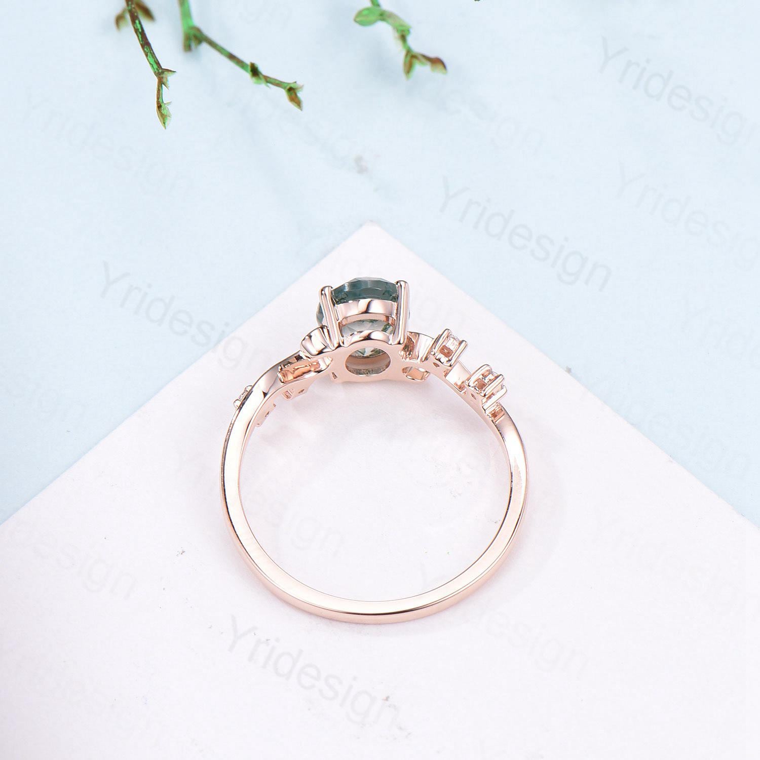 1.5CT Oval Natural Moss Agate Twist Engagement Ring in Sterling Silver & Rose Gold - Art Deco Wedding Band, Garden Jewelry, Birthstone Gift for Mom, Anniversary Present - Perfect for Proposals, Weddings & Special Occasions