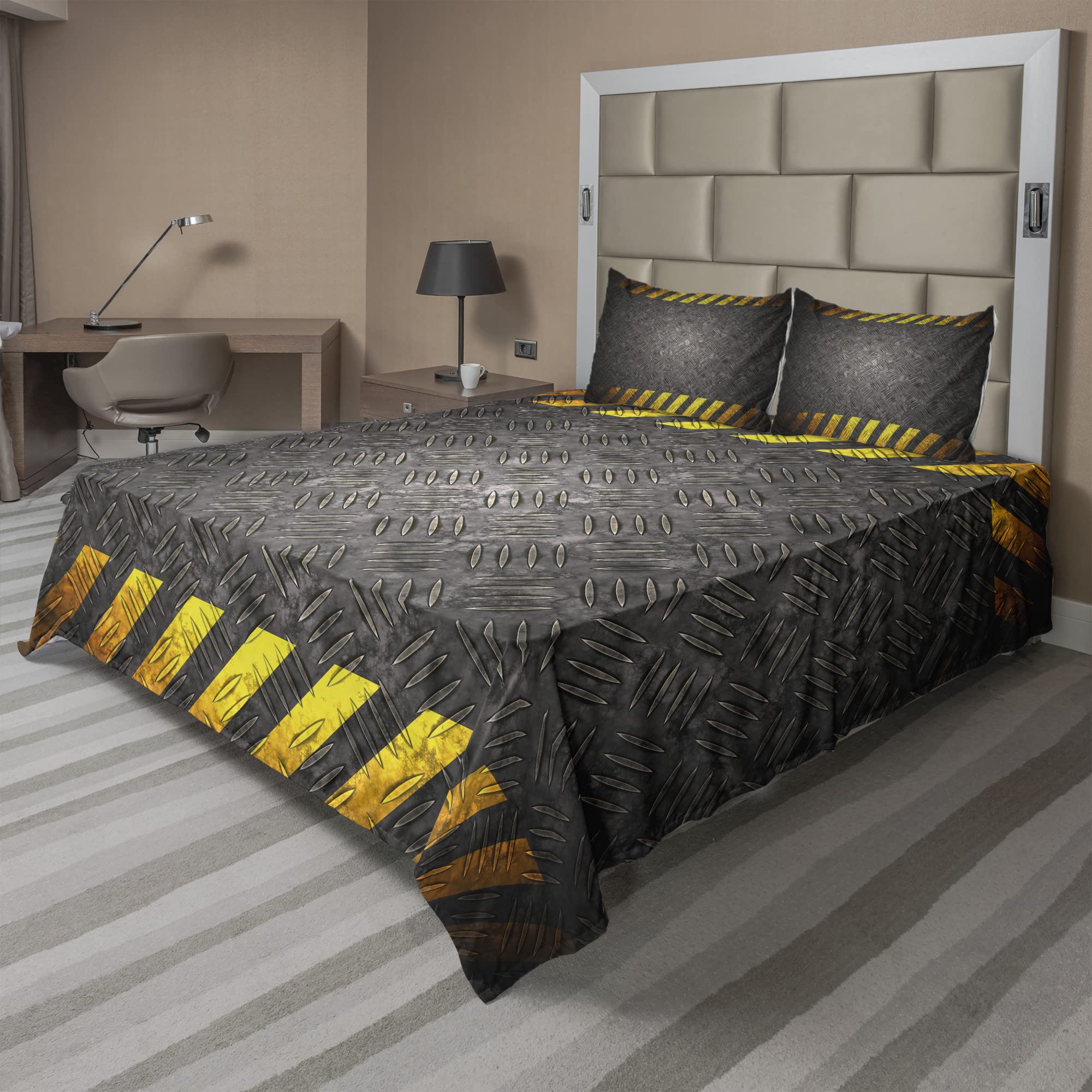 Ambesonne Construction Themed 4-Piece King Size Bed Sheet Set - Abstract Caution Tape Design, Dark Taupe & Marigold (Fitted Sheet, Flat Sheet, 2 Pillowcases) | Perfect for Construction Worker Gifts, Kids' Room Decor & Industrial Style Bedrooms