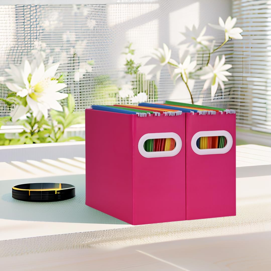 XiePiPi Collapsible Cardboard Hanging File Folders Organizer - Letter Size Portable File Storage Box with Handles for Office, School & Home (4-Pack, Magenta) - Perfect for Desk Organization, Document Storage & Workspace Decluttering