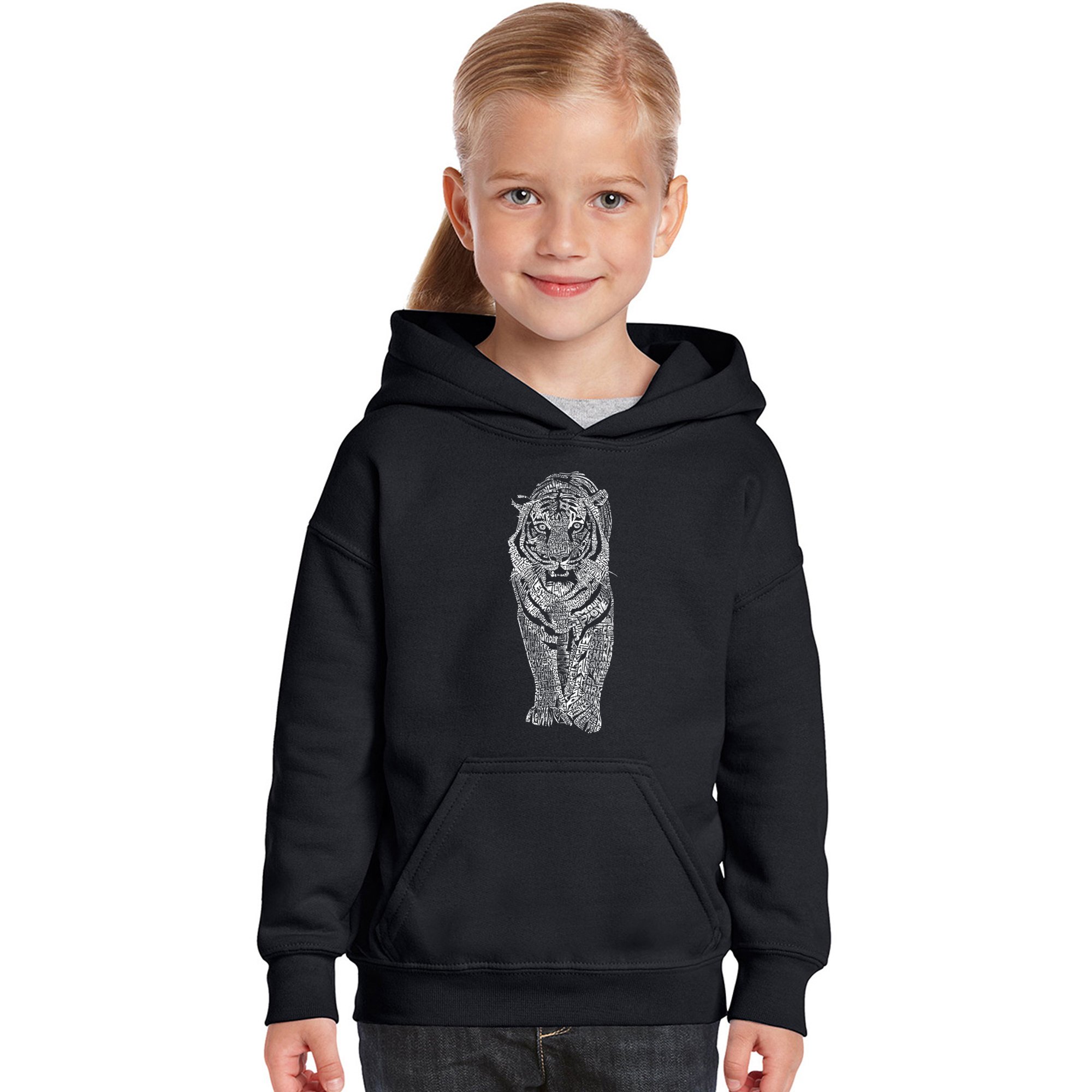 LA POP ART Girls' Word Art Hooded Sweatshirt - TIGER Print | Trendy Graphic Pullover for Teens | Perfect for School, Streetwear & Casual Outfits