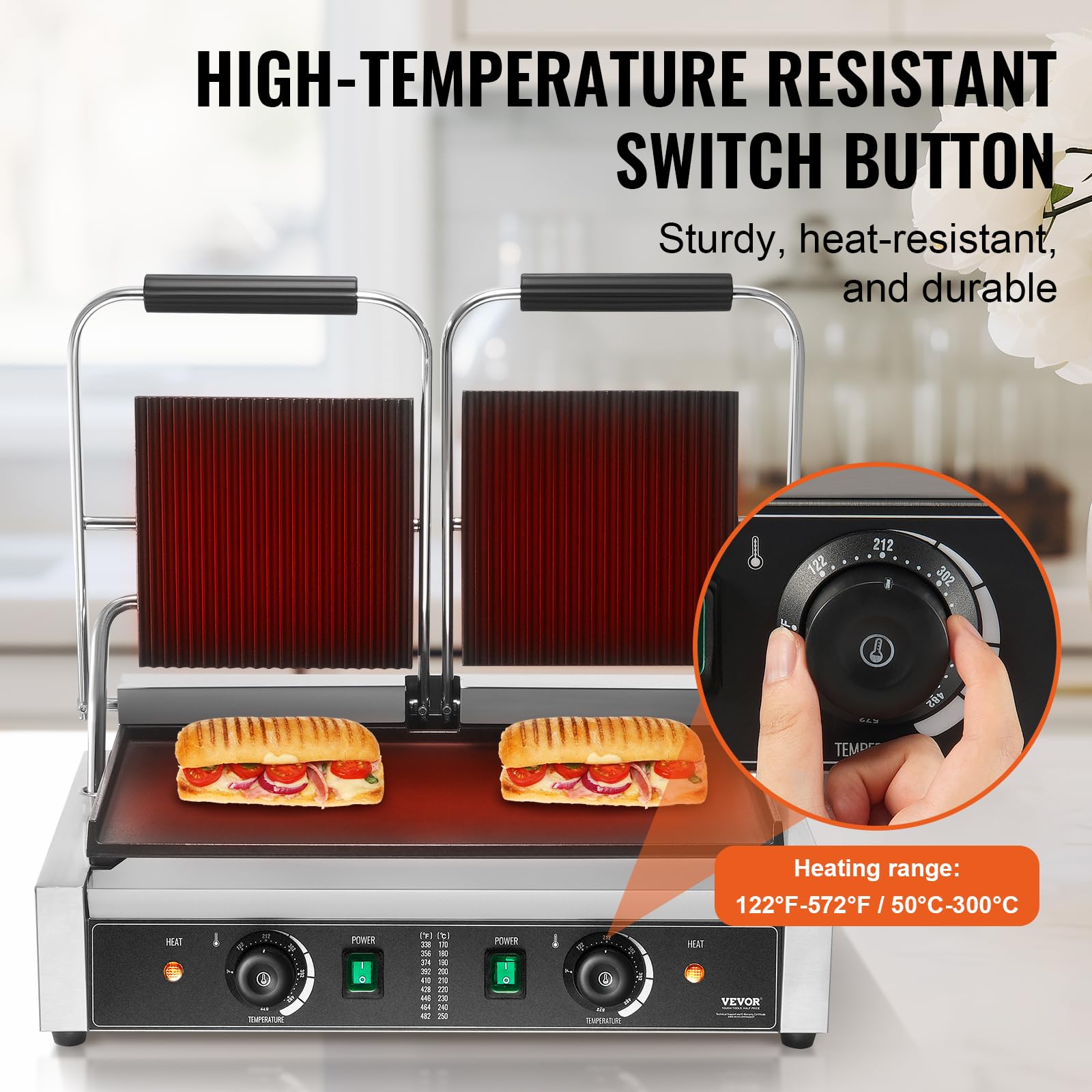 VEVOR 3600W Commercial Electric Panini Grill Press, Stainless Steel Double Sandwich Maker with Temperature Control & 19