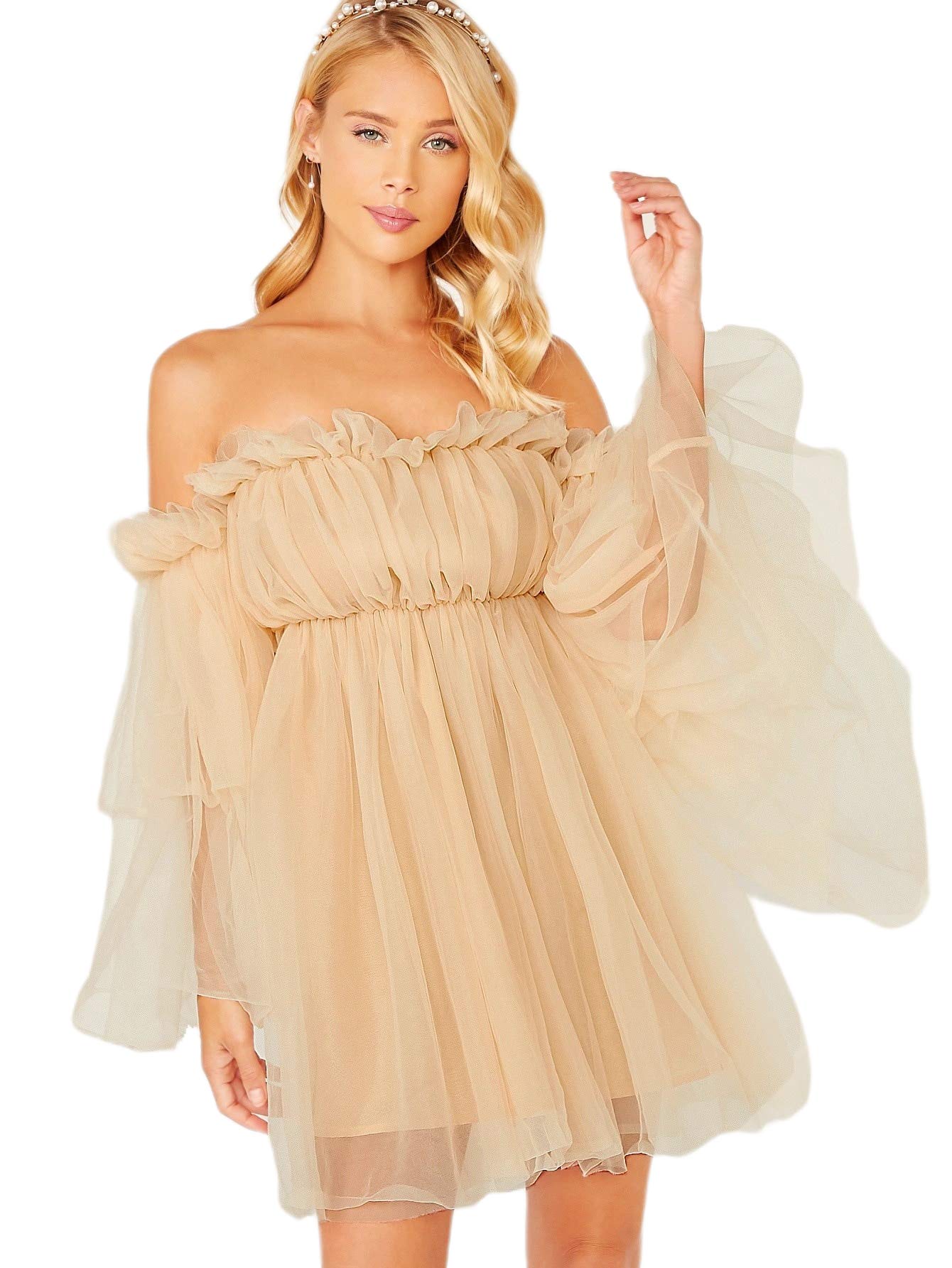 Romwe Women's Romantic Off Shoulder Flounce Long Sleeve Ruffle Mesh Party Mini Dress - Elegant Wedding Guest Dress for Cocktail Parties, Date Nights & Special Occasions