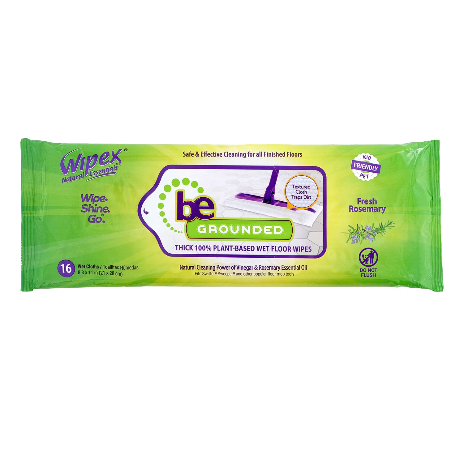 Wipex Natural Wet Floor Cleaning Wipes for Swiffer Sweeper - Plant-Based Textured Cloth with Rosemary Oil & Vinegar, Absorbs Dirt & Grime, 16 Count (Pack of 3) - Perfect for Hardwood, Tile & Laminate Floors