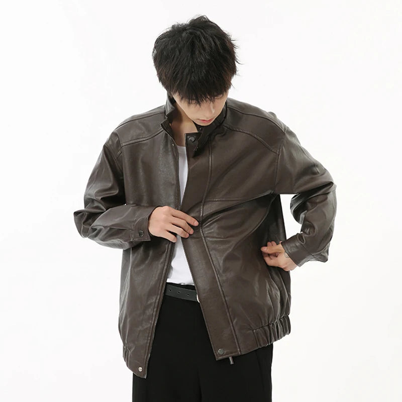 Men's PU Leather Jacket - American Style Casual Stand Collar Zipper Coat | Solid Color Loose Fit Male Outerwear | Perfect for Streetwear, Night Out & Fall Fashion