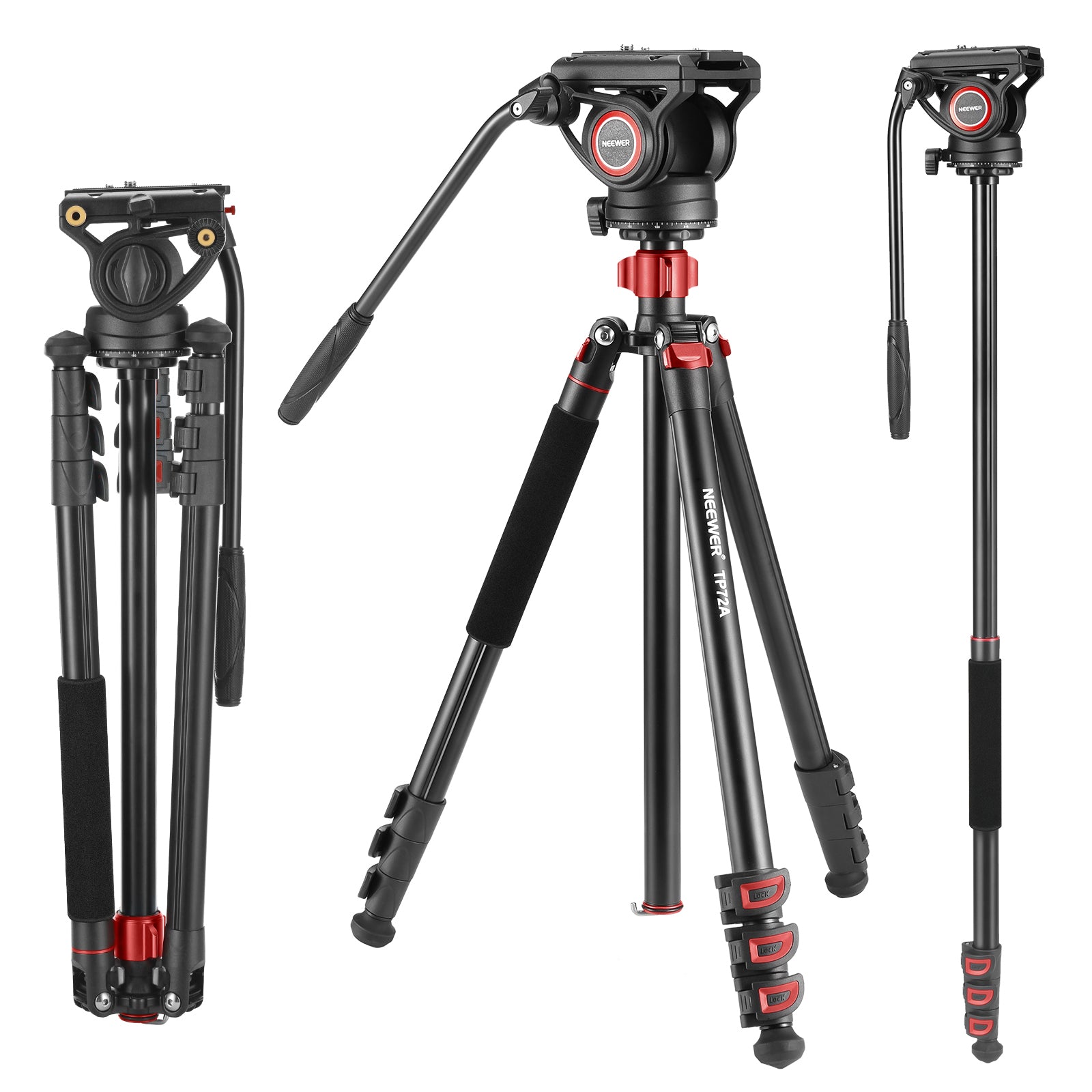 NEEWER TP72A 72-Inch Professional Aluminum Video Tripod with Fluid Head - Lightweight Camera Tripod for DSLR, Mirrorless, Camcorders - Perfect for Vlogging, Live Streaming, and Outdoor Photography