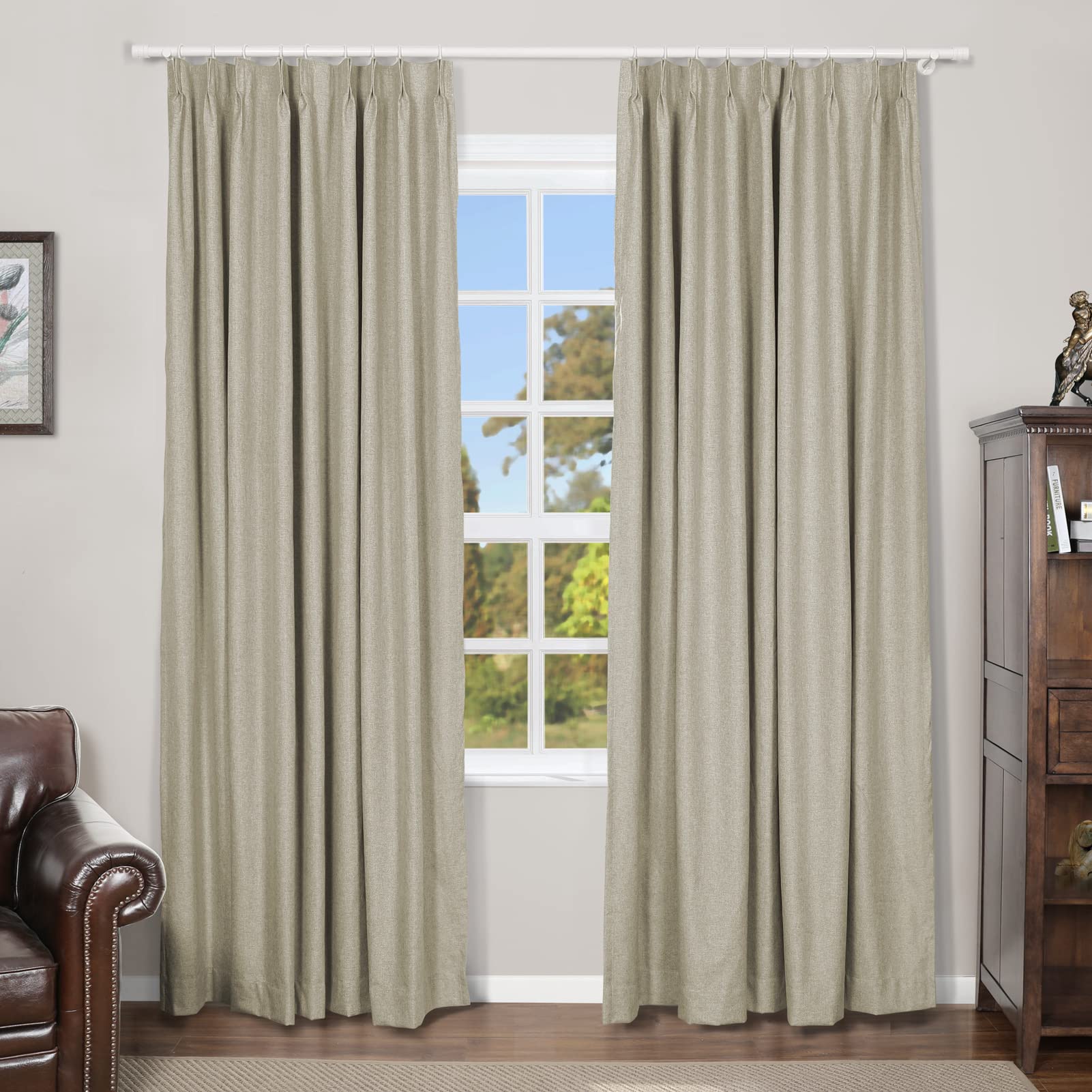 TWOPAGES Blackout Linen Blend Pinch Pleated Curtains - Thermal Insulated Window Treatment Panels for Dining Room & Living Room (2 Panels, Flax, 26