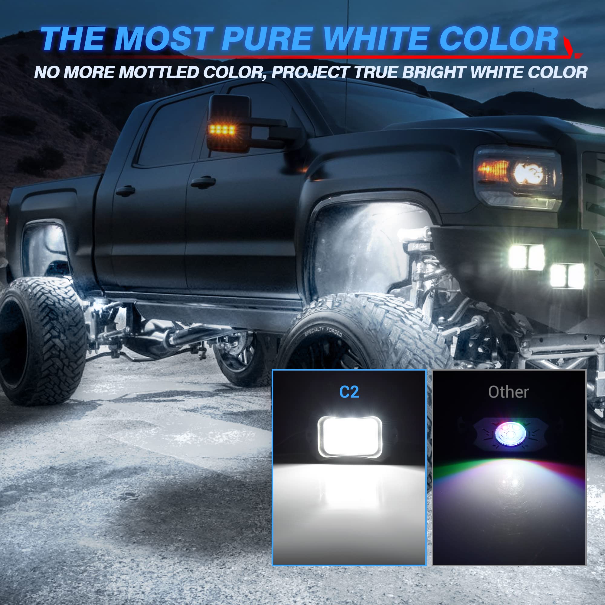 MICTUNING C2 Curved White LED Rock Lights - 4 Pods Underglow Kit for Cars, Trucks, Offroad Vehicles, ATV, UTV & Boats | Waterproof Off-Road Lighting for Night Driving, Car Shows & Underbody Decoration