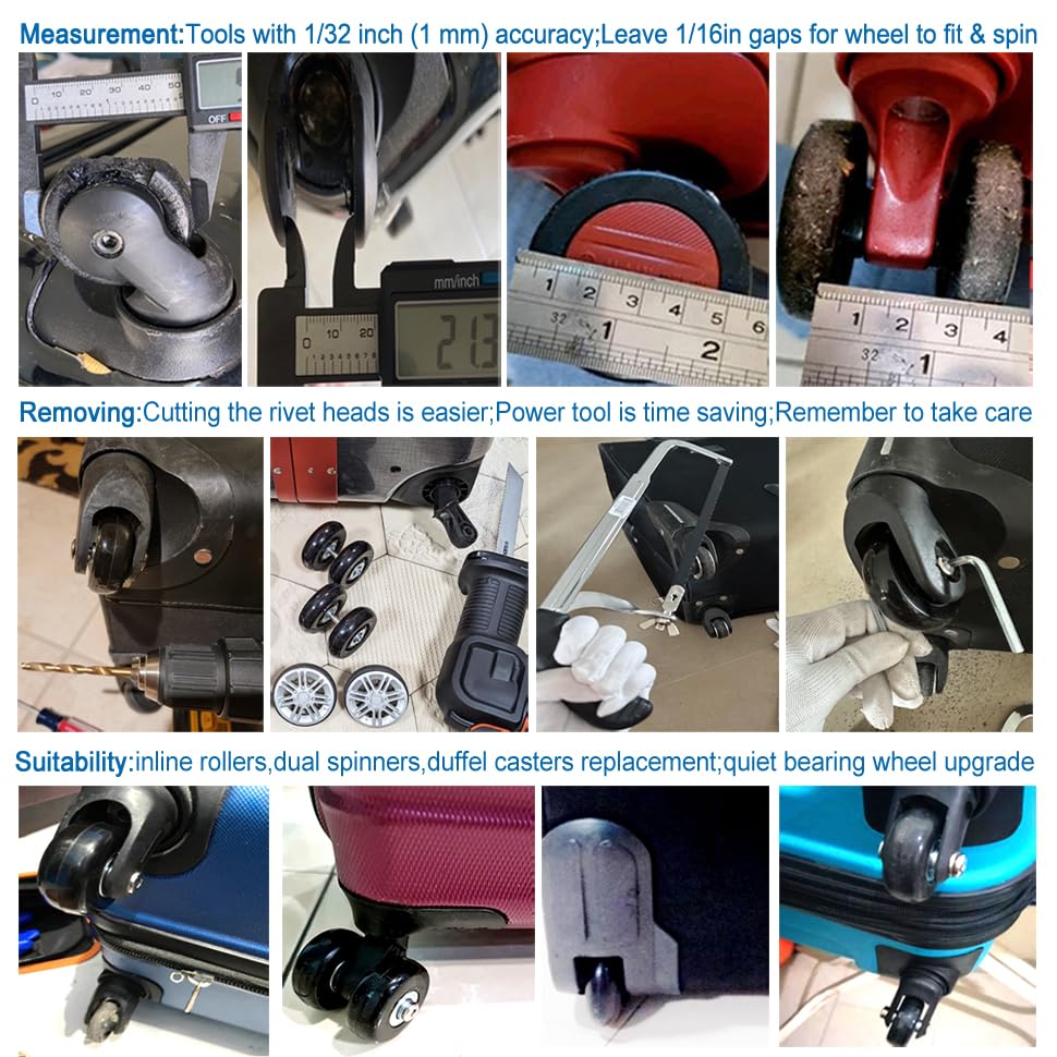 8PC 2.4in/60mm PU Rubber Spinner Wheels Replacement Set with 0.63in/16mm Bearings & 2 Size Axles - Silent Flexible Smooth Roller for Damaged Suitcase, Luggage, Trolley Caster Repair - Perfect for Travel, Business Trips and Airport Use