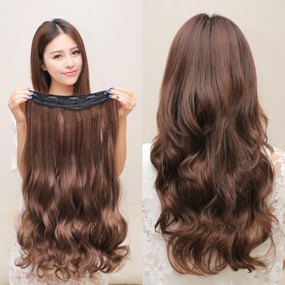 1-Pack 3/4 Full Head Curly Wave Synthetic Hair Extensions for Women - 5 Clips, 4.6oz Each, Medium Brown, 20 Inch - Perfect for Parties, Weddings & Daily Styling