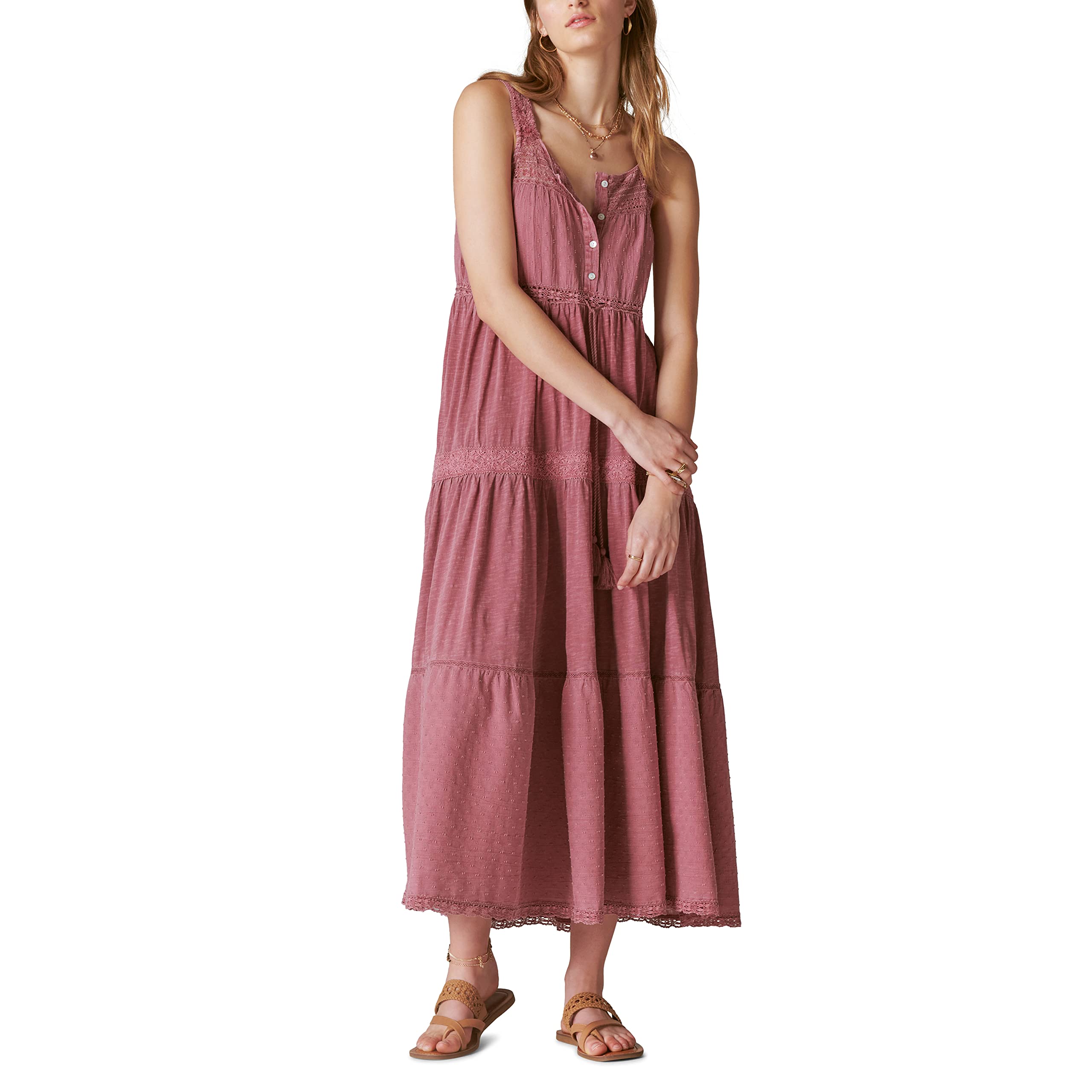 Lucky Brand Women's Lace Tiered Knit Maxi Dress - Elegant Floral Long Dress for Summer, Beach, Wedding & Special Occasions