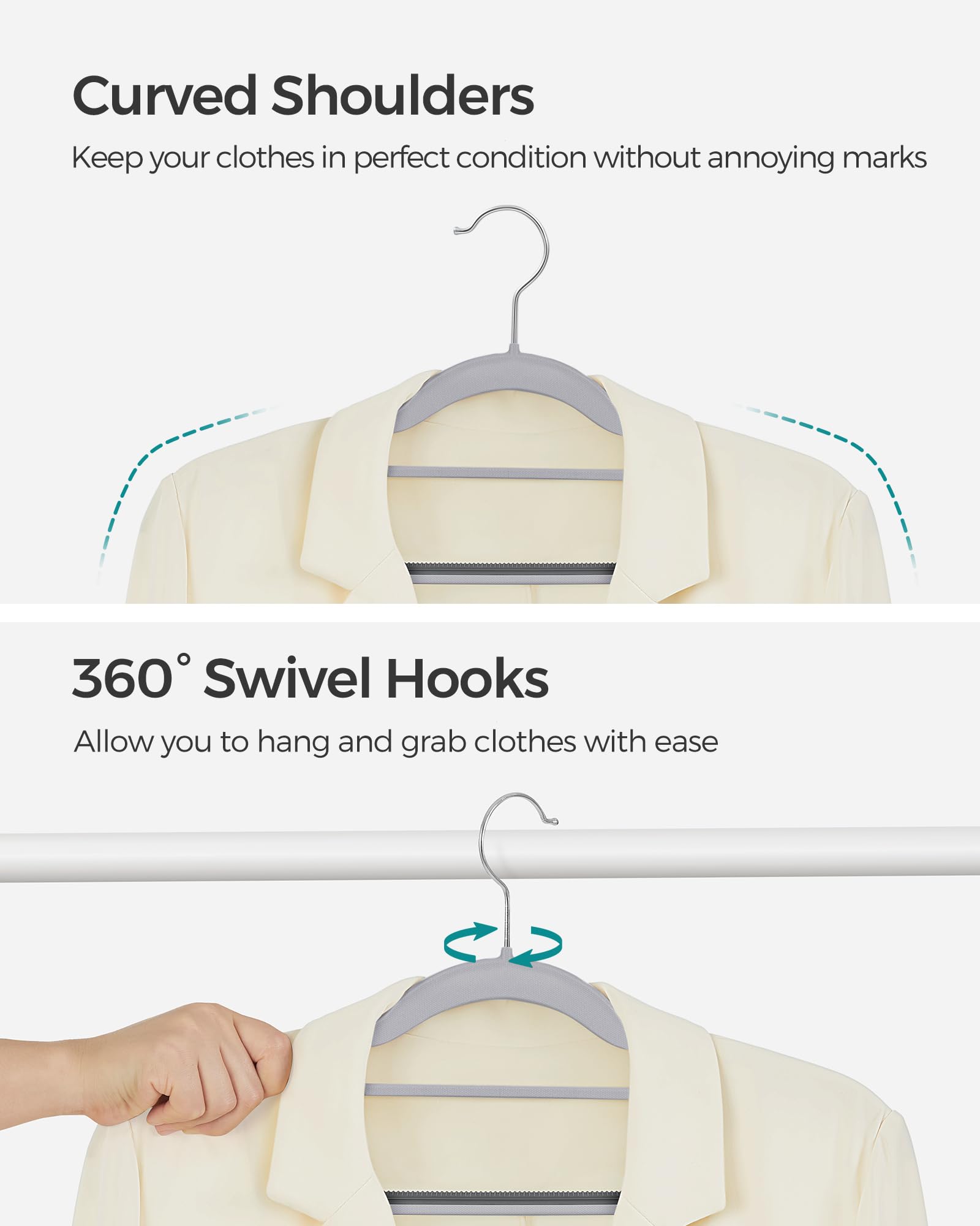 SONGMICS 30-Pack Heavy Duty Plastic Coat Hangers - Non-Slip, Space Saving Clothes Hangers with 360° Swivel Hooks (16.5