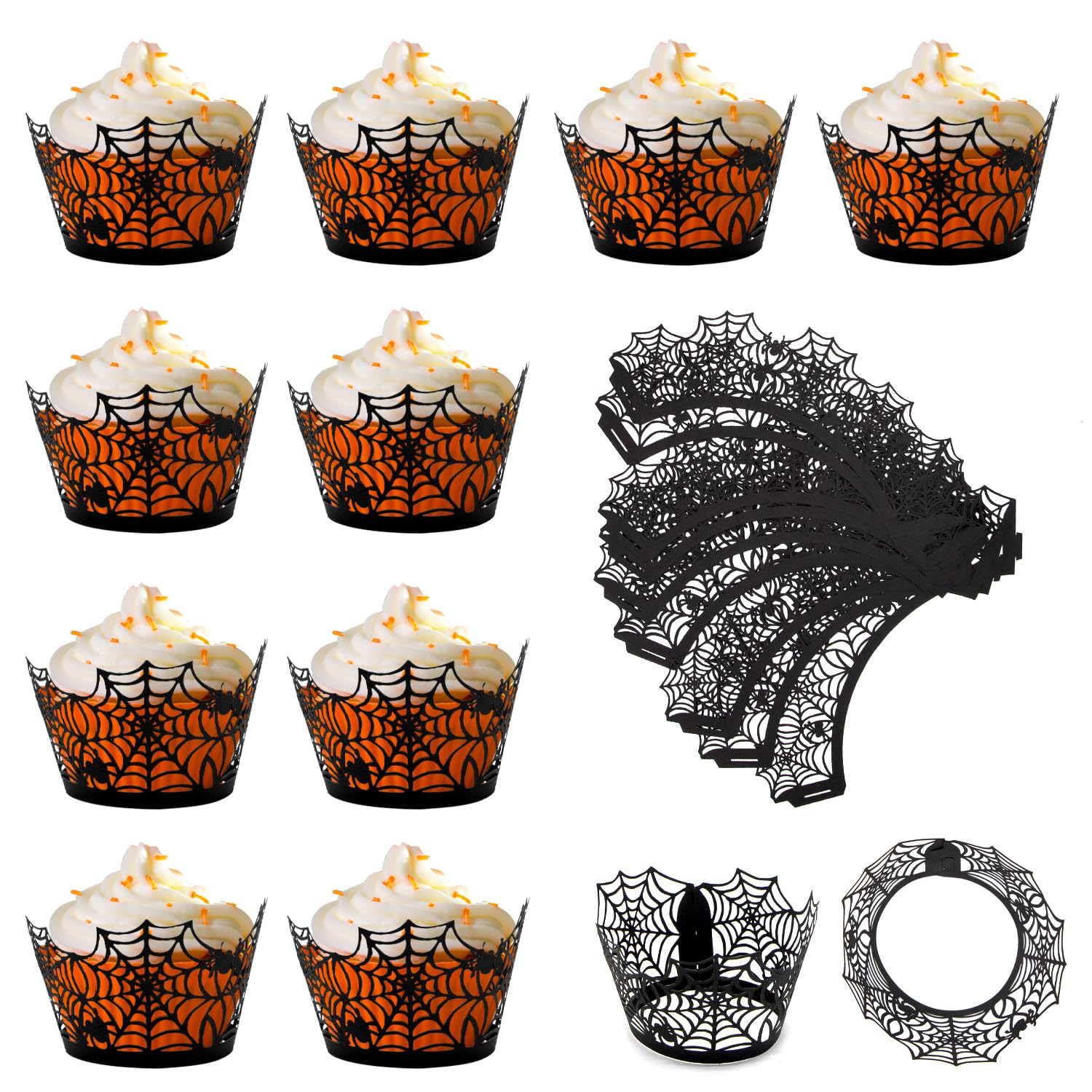 Spooky Halloween Cupcake Wrappers - 10PCS Spider Web Ghost Broom Witch Design, Black Laser Cut Paper Cupcake Liners for Halloween Party Decorations & Themed Desserts | Perfect for Halloween Baking, Cupcake Displays & Spooky Dessert Tables