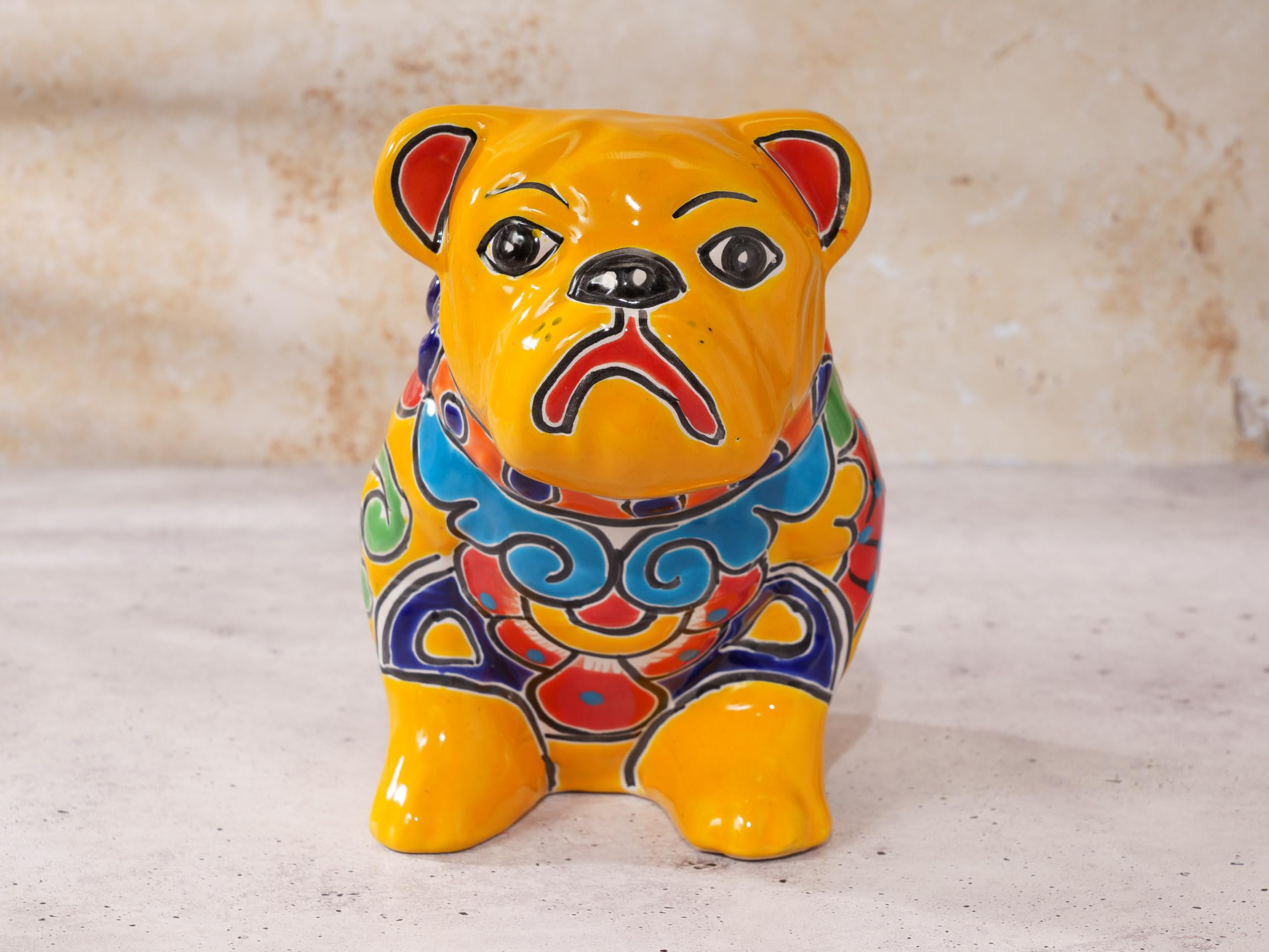 Authentic Talavera Mexican Ceramic Day of The Dead Dog Statue - Día de Muertos Sculpture for Halloween & Garden Decor - Dachshund, Boston Terrier, Chihuahua Puppies Collection (Bulldog Marigold, Medium 8.5