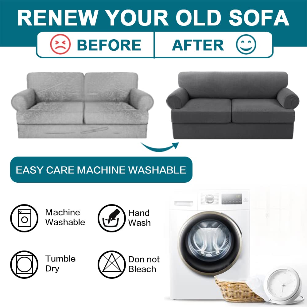 3-Piece Turquoise Sofa Cover Set for 2-Seater Couch with T-Cushions - Soft Stretchable Loveseat Slipcovers in Gray - Perfect for Living Room, Apartment & Home Decor Protection
