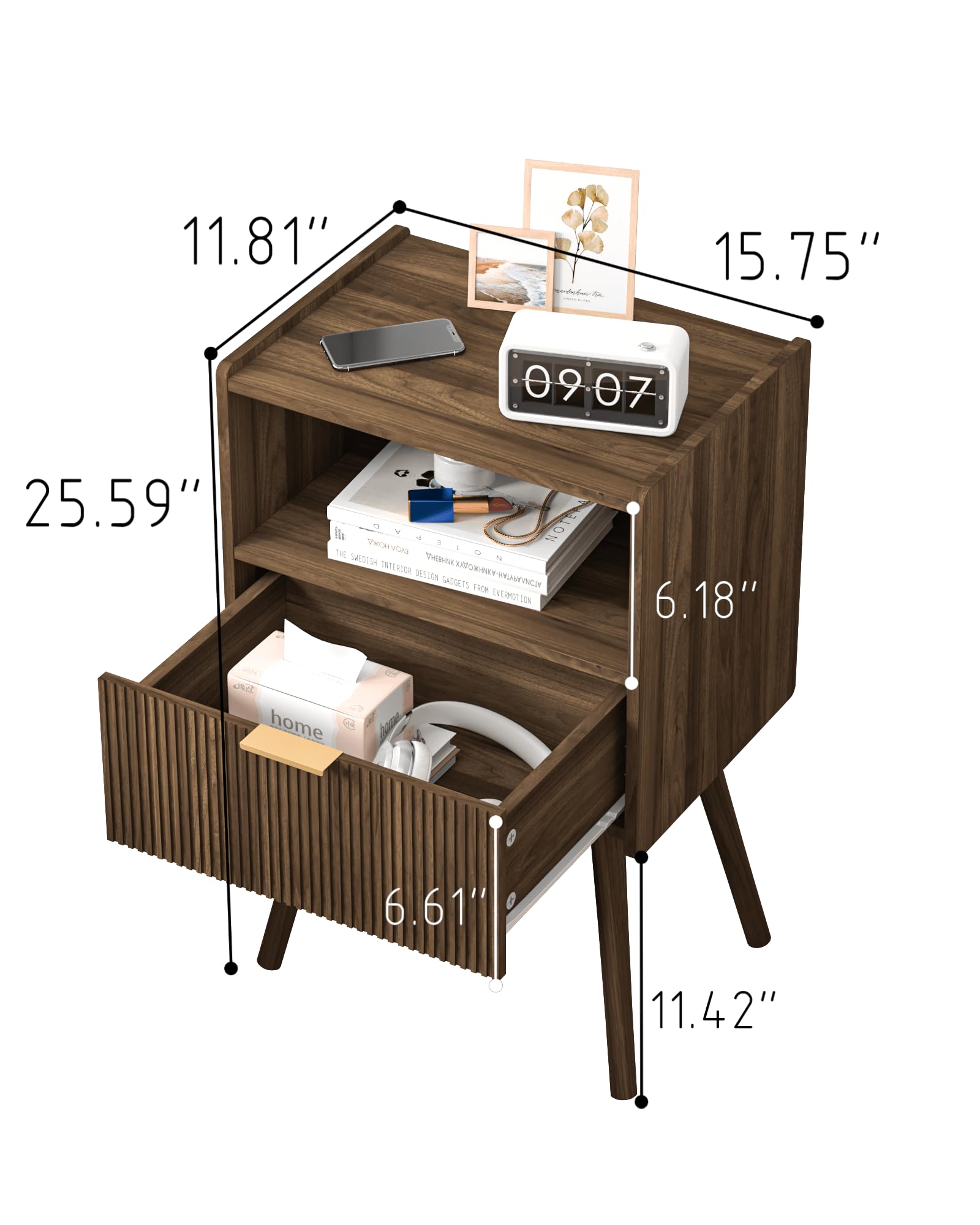Modern Nightstand with Storage Drawer & Open Shelf - Solid Wood Bedside Table for Bedroom, Living Room & Small Spaces - Walnut Brown Accent Furniture - Easy Assembly - Perfect for Reading Nook, Guest Room & Apartment Decor