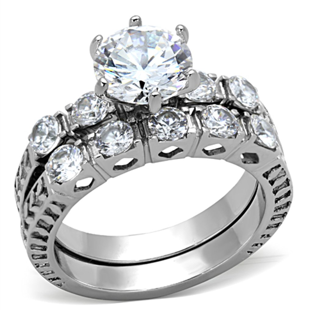 8x8mm Round Center CZ Stainless Steel Tarnish-Free Women's Engagement Ring Set - Perfect for Proposals, Anniversaries & Wedding Bands