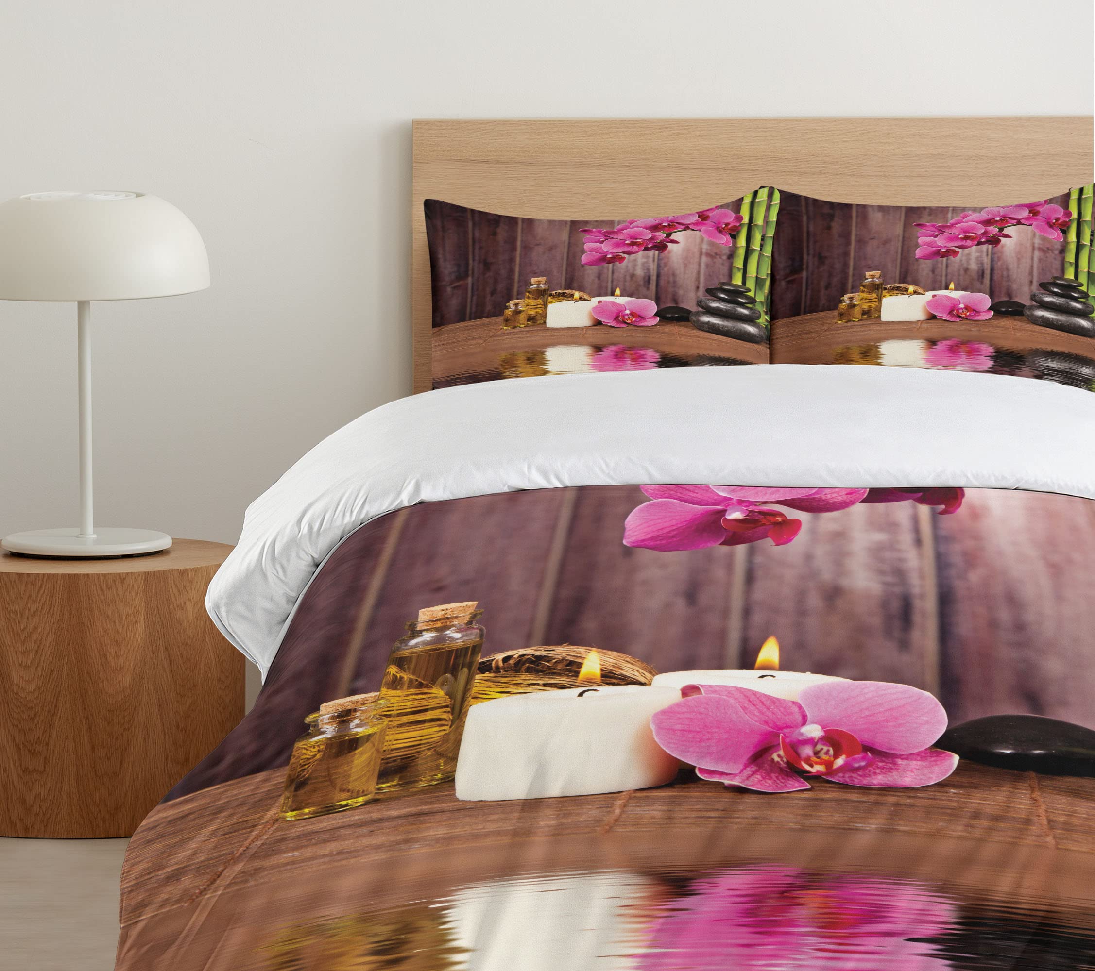 Ambesonne Orchid Duvet Cover Set - Modern Bohemian Style with Floral and Stone Print, 3-Piece Bedding Set Includes Duvet Cover & 2 Pillow Shams (California King, Umber Green Pink) - Perfect for Master Bedroom, Guest Room, and Boho Chic Home Decor