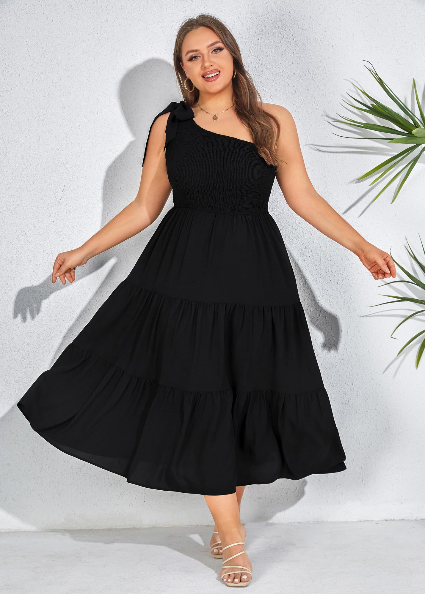 KIMCURVY Plus Size Summer Maxi Dress - Casual One Shoulder Sleeveless Smocked Tiered Flowy Dress with Pockets for Women | Beach Vacation, Date Night & Summer Outings