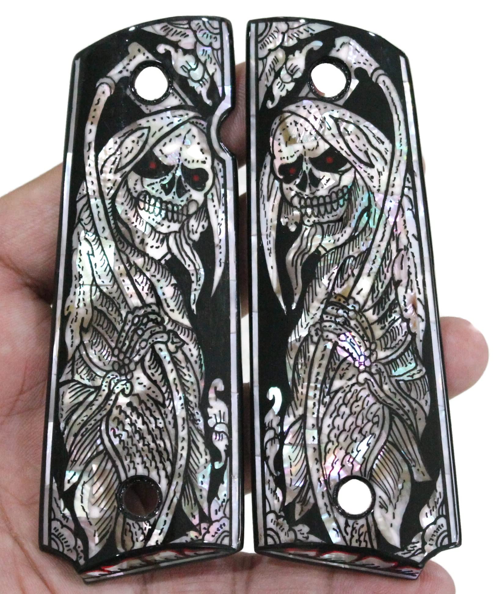 Grim Reaper Art Mother of Pearl Grips for 1911 Pistols - Compatible with Colt Government, Commander, Kimber, Springfield, Remington & Taurus PT 1911 - Premium Gun Grips for Shooting Range, Hunting & Collectors