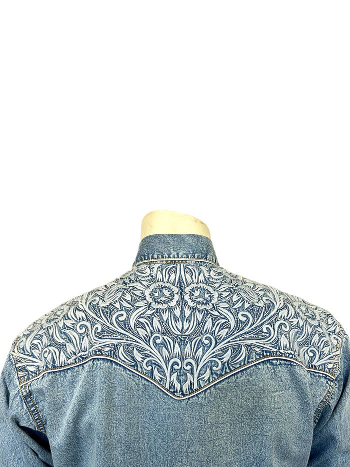 Rockmount 6859 DBLU Vintage Tooling Embroidered Western Shirt for Men - Denim Blue Western Wear for Rodeo, Country Music & Casual Outfits