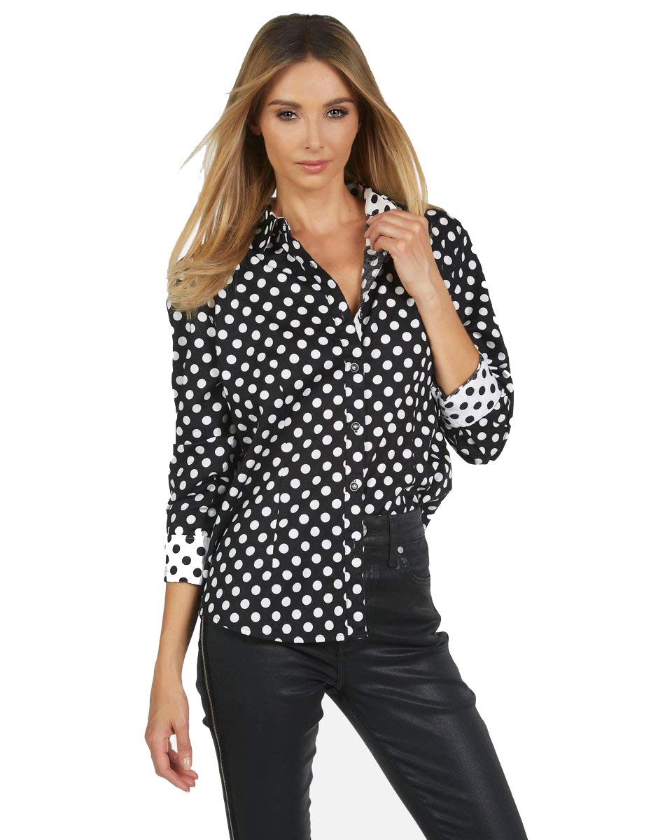 Rock Roll n Soul Women's Long Sleeve Black & White Polka Dot Button-Up Blouse 'Randy' 152 - Stylish Casual Shirt for Work, Date Night & Everyday Wear