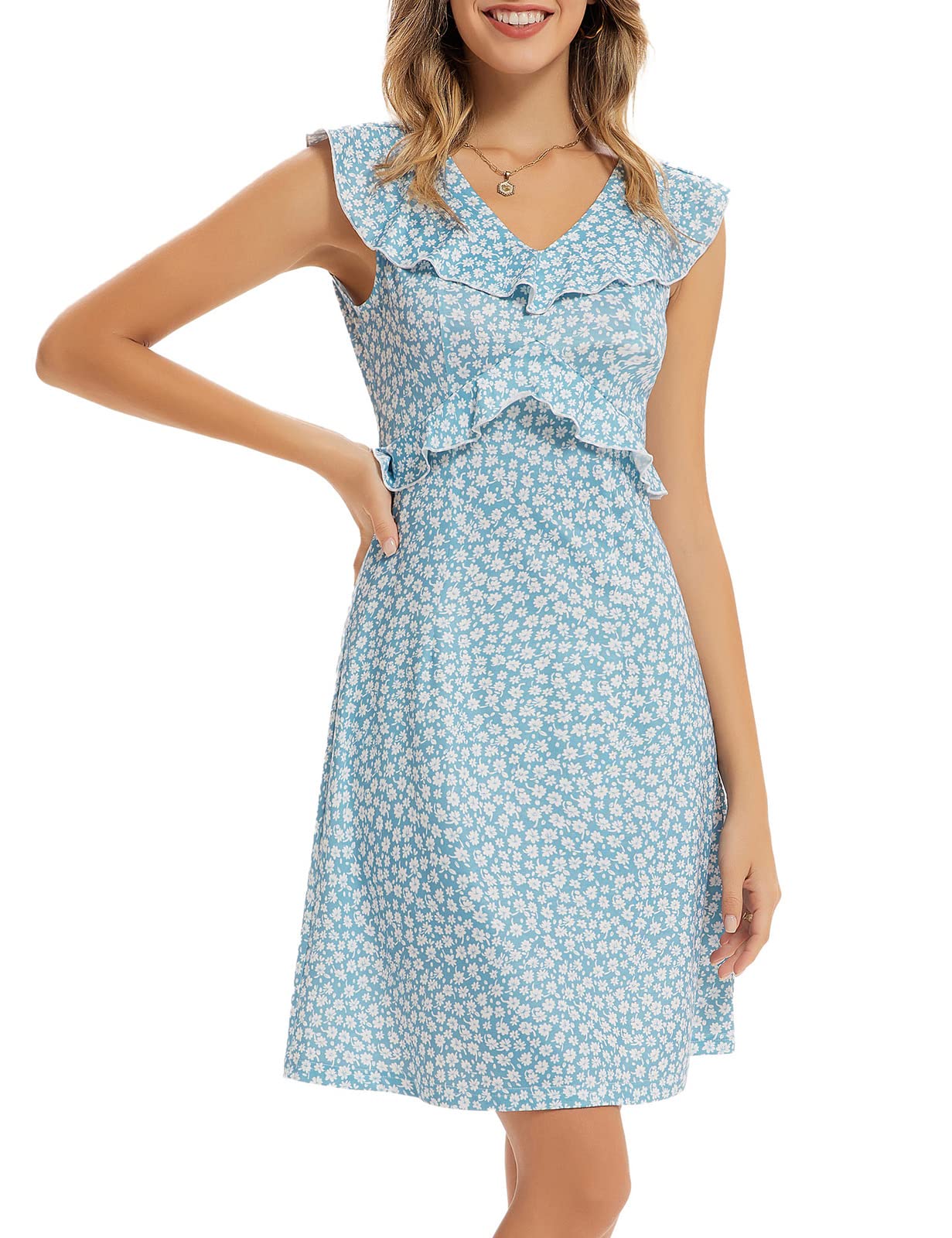 GRACE KARIN Women's Floral Summer Dress - Sleeveless V-Neck A-Line Mini Dress with Ruffles | Perfect for Beach Vacation, Party & Casual Outings