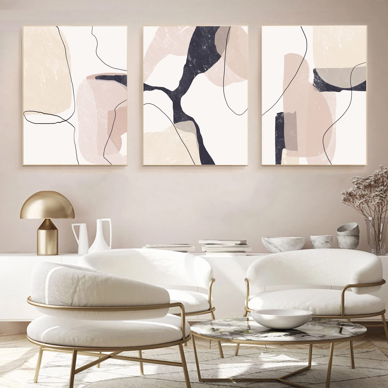 Beige Abstract Canvas Wall Art - Boho Gallery with Black Line Marble Prints for Living Room & Home Office Decor - Set of 3 Pink Marble Pictures (16x24 inch, Unframed) - Perfect for Modern, Scandinavian & Minimalist Interior Design